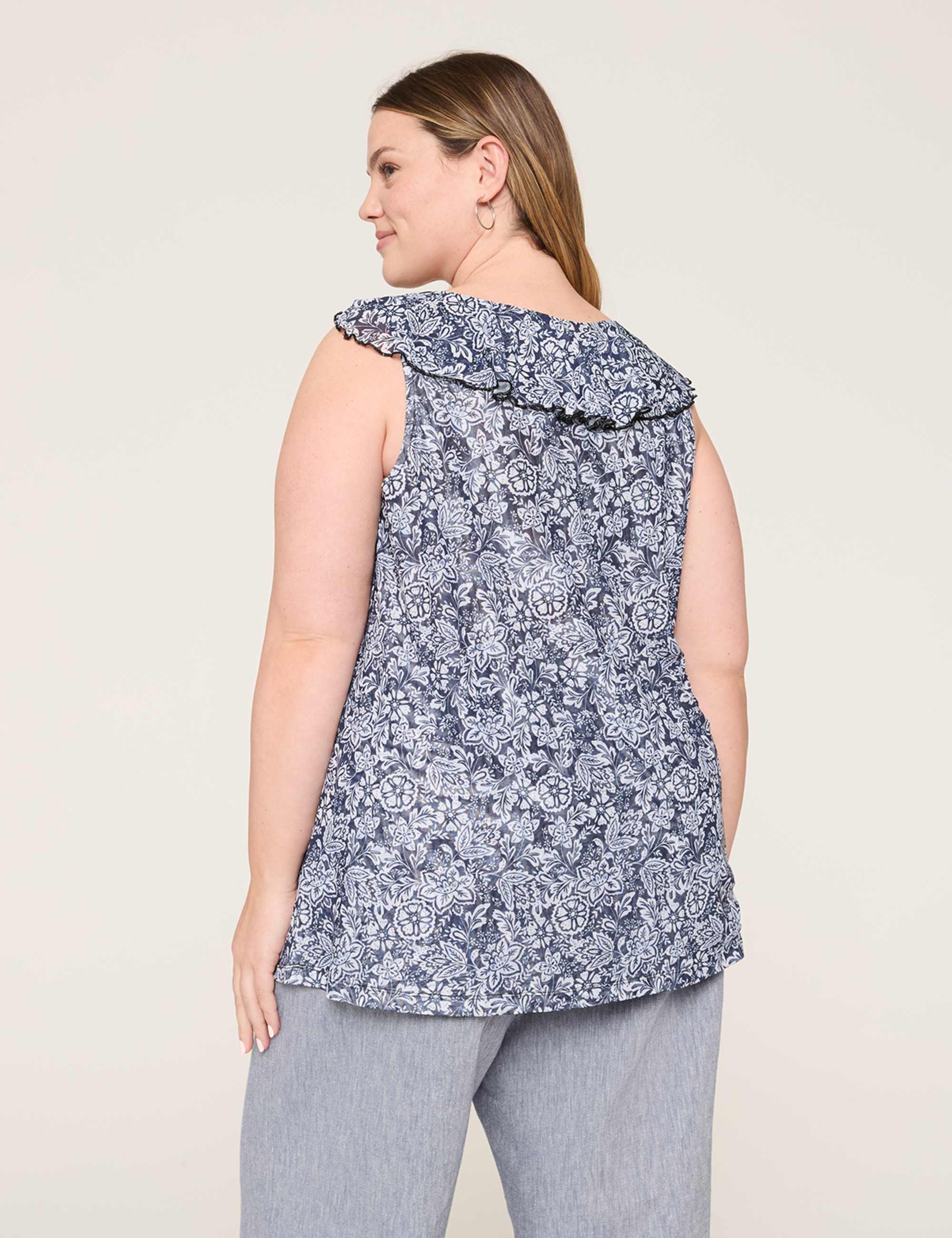 Sleeveless Ruffle V-Neck Mesh Top
