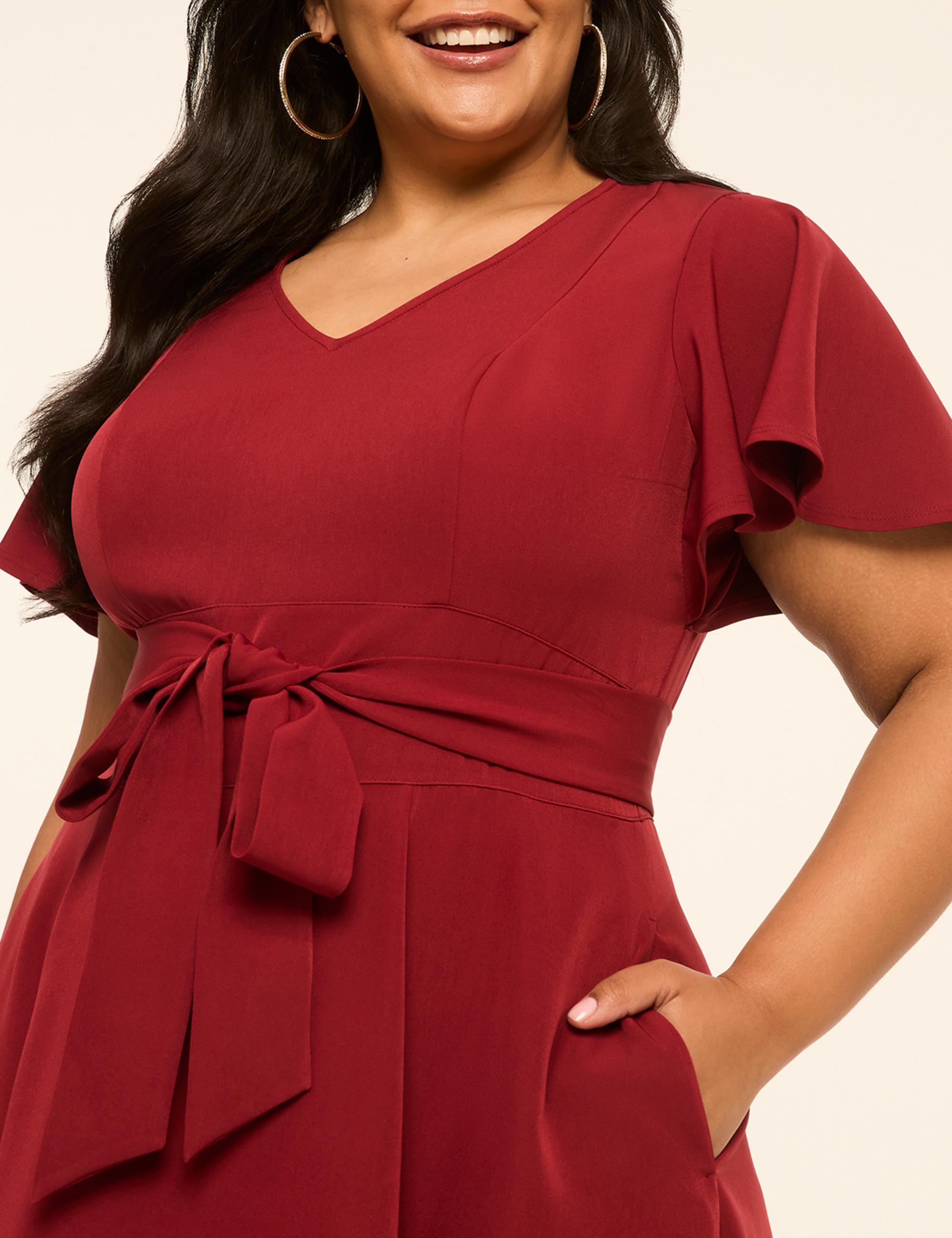 Lena Flutter-Sleeve V-Neck Midi Dress