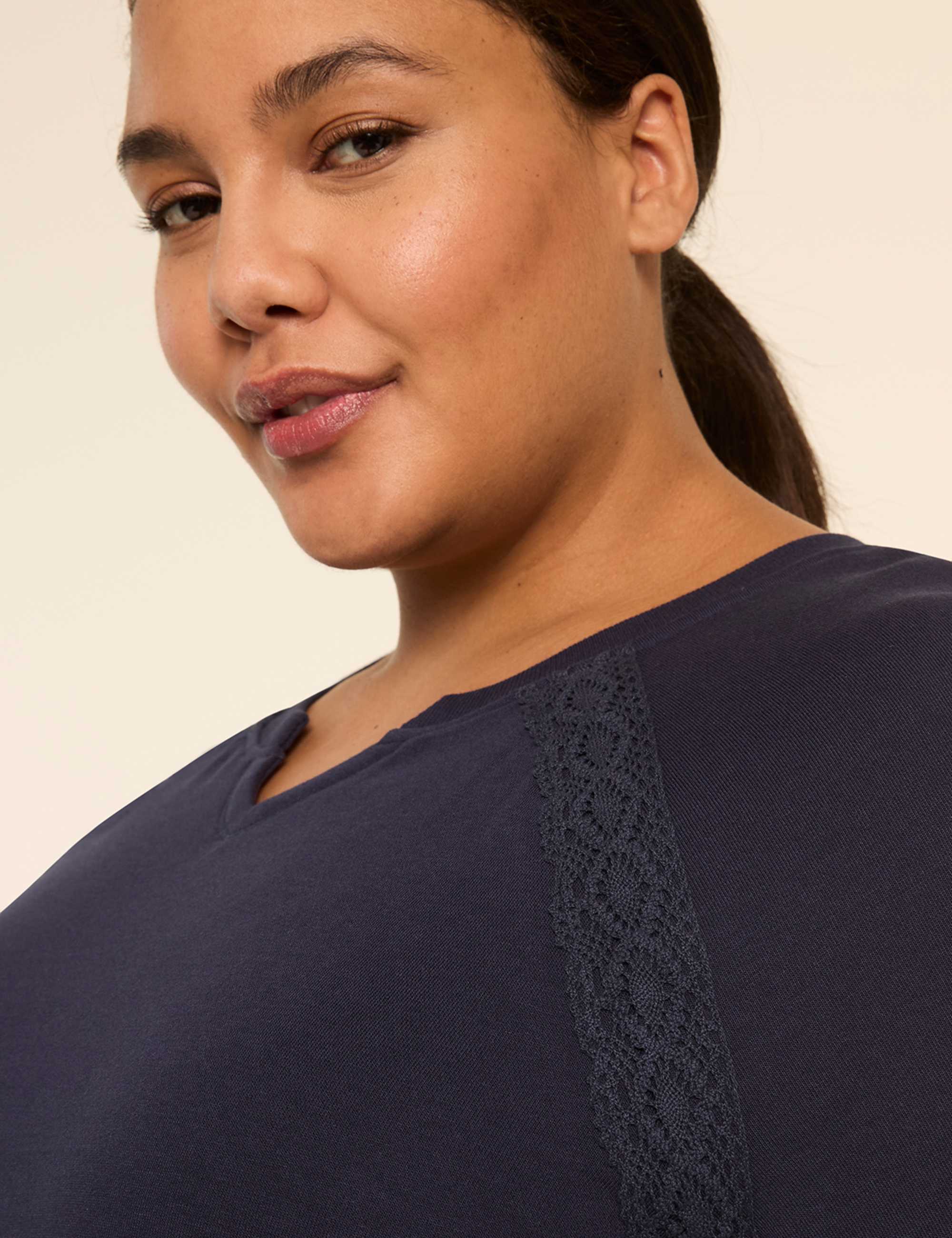 LIVI French Terry Elbow-Sleeve Crochet-Trim Sweatshirt