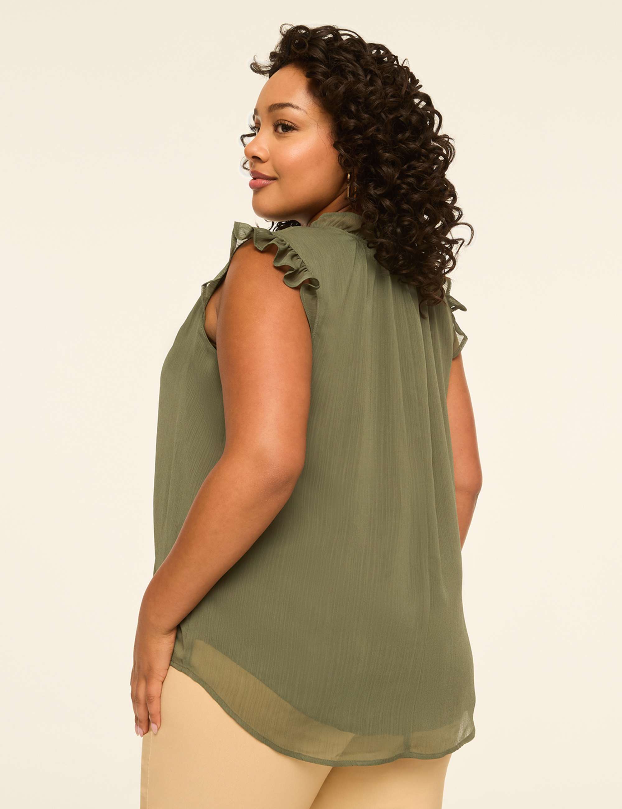 Ruffle-Sleeve Split-Neck Popover Blouse