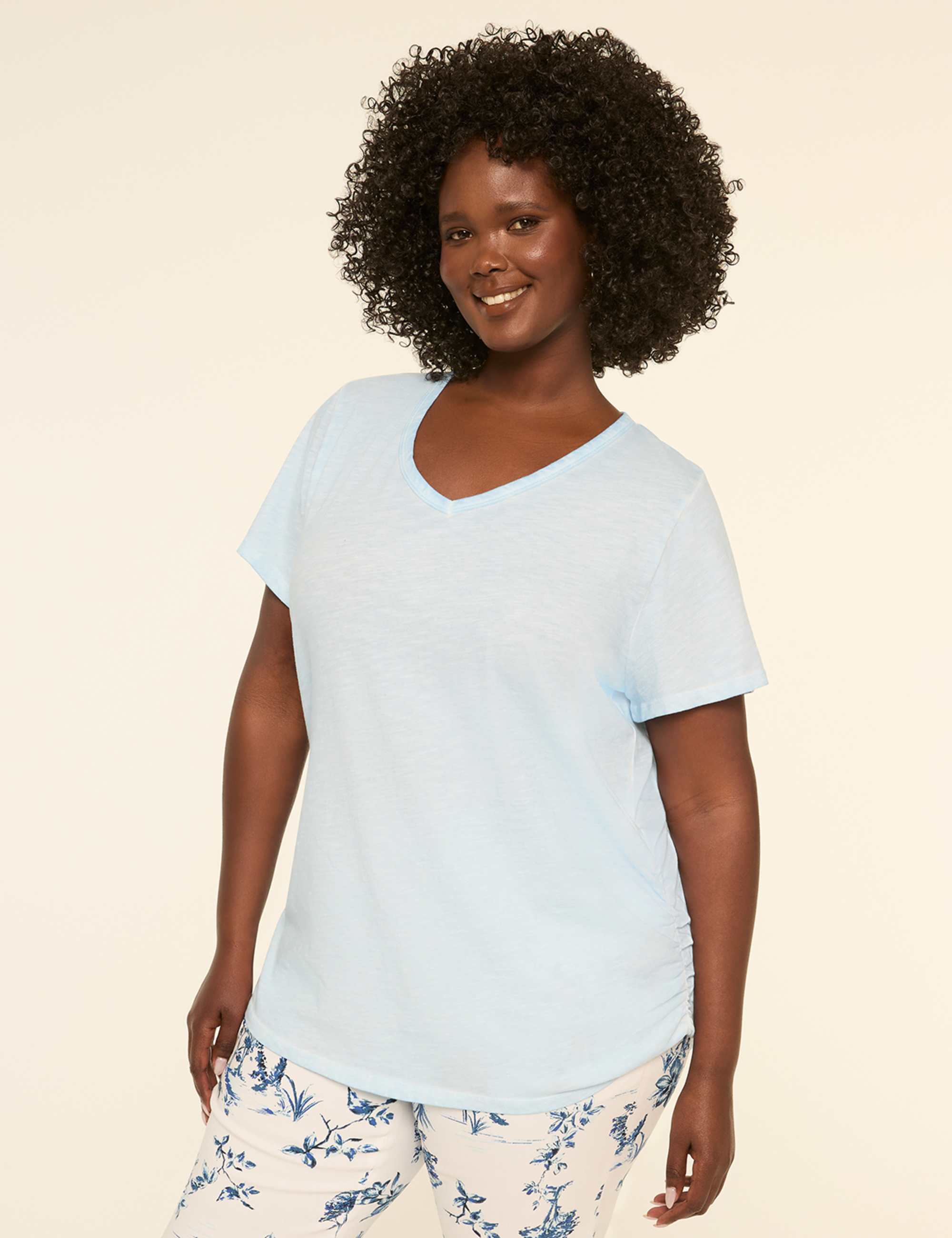 Short-Sleeve V-Neck Side-Ruched Tee