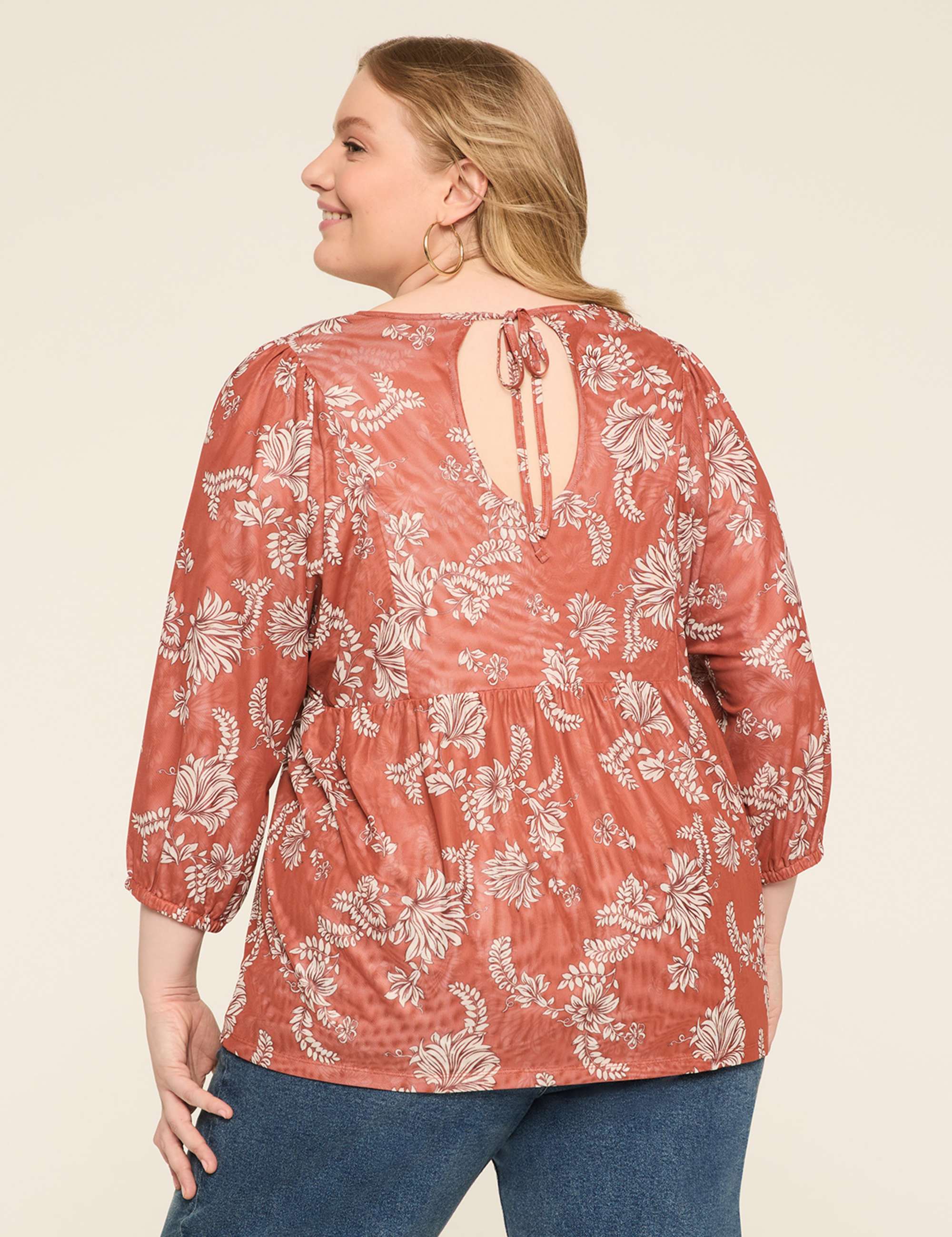 Mesh 3/4-Sleeve Tie-Back Top