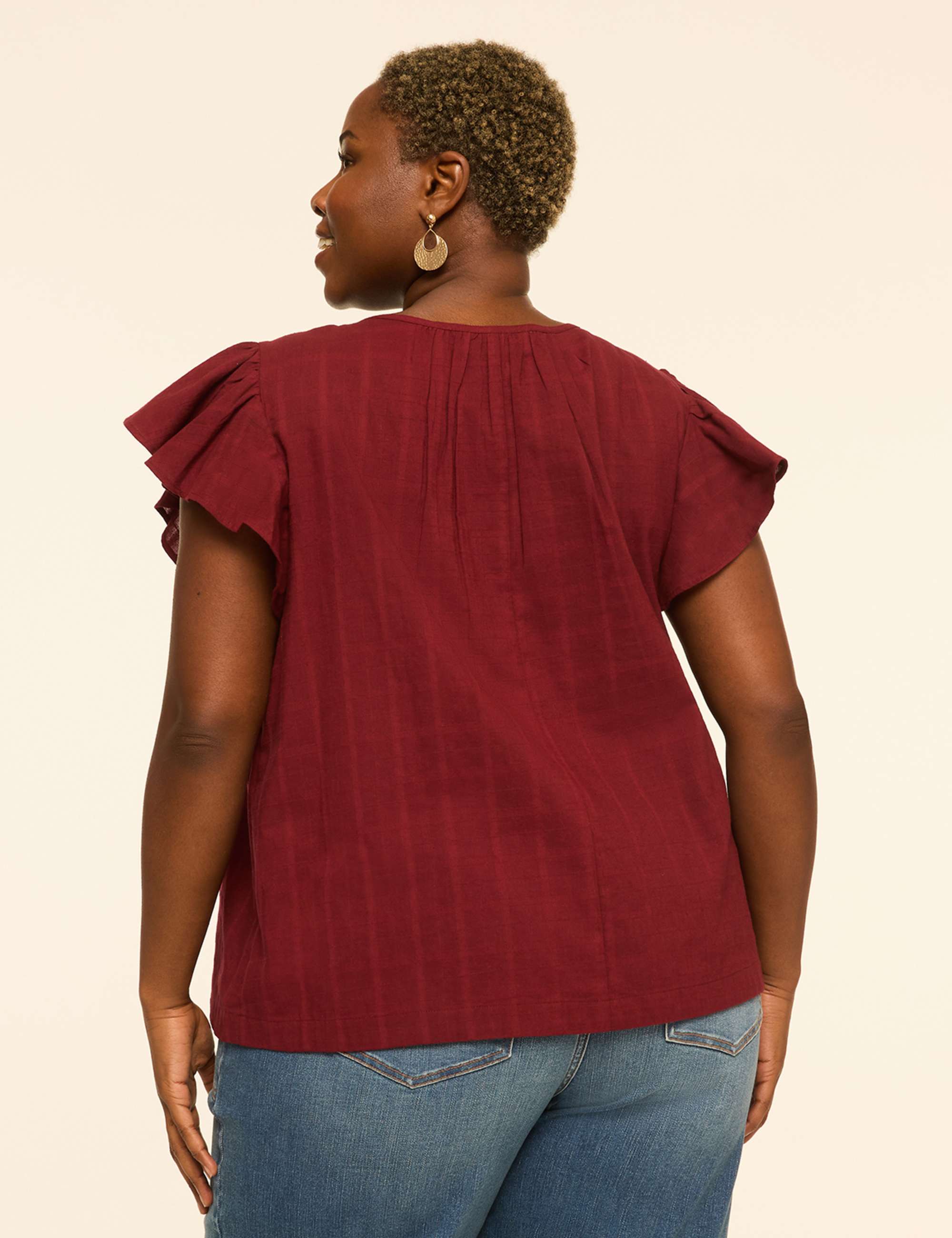 Flutter-Sleeve Scoop-Neck Popover Blouse