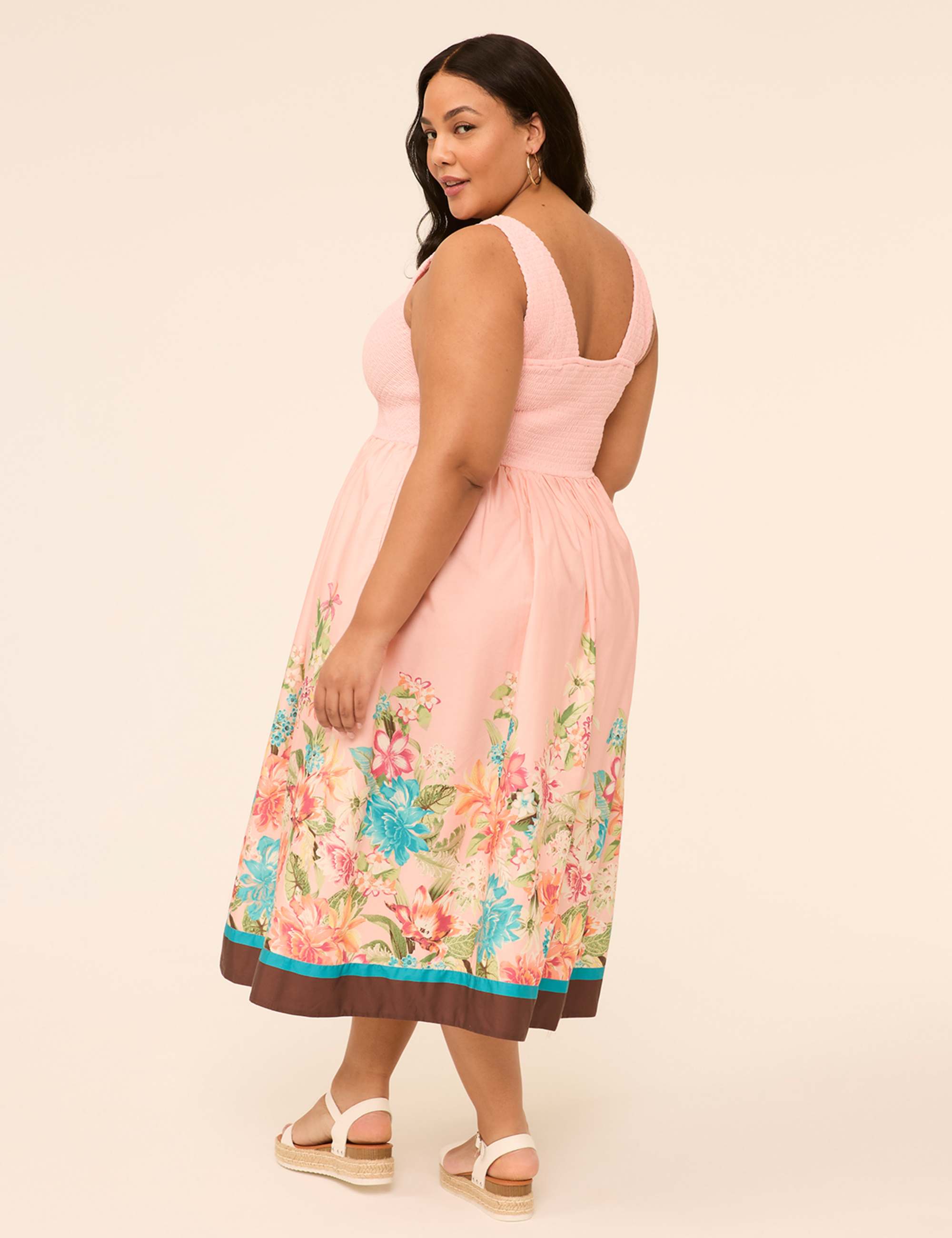 V-Neck Smocked-Bodice Midi Dress