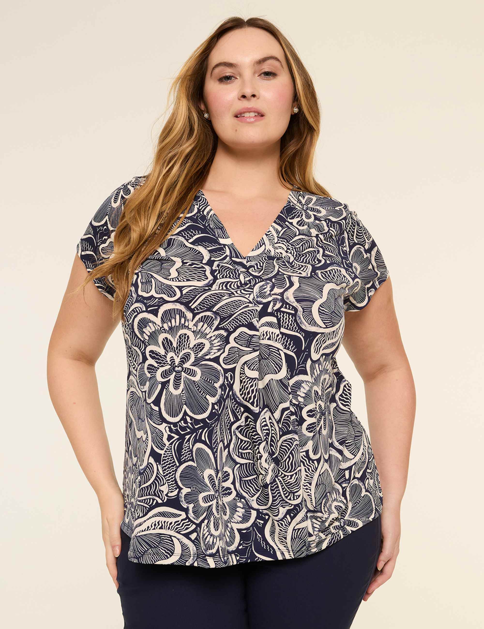 Swing Cap-Sleeve Pleat-Front Top