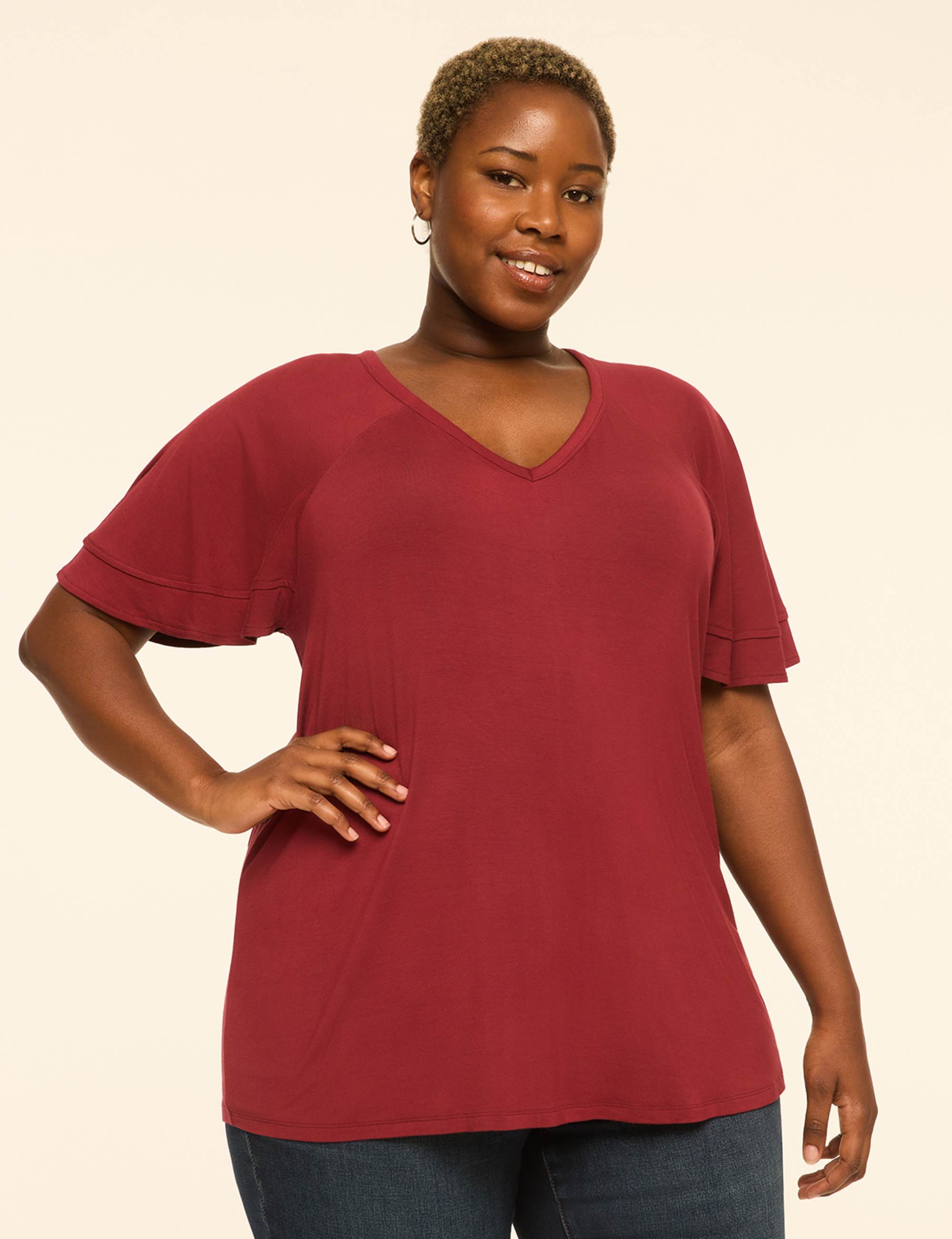 DreamFeel Double Flutter-Sleeve V-Neck Top