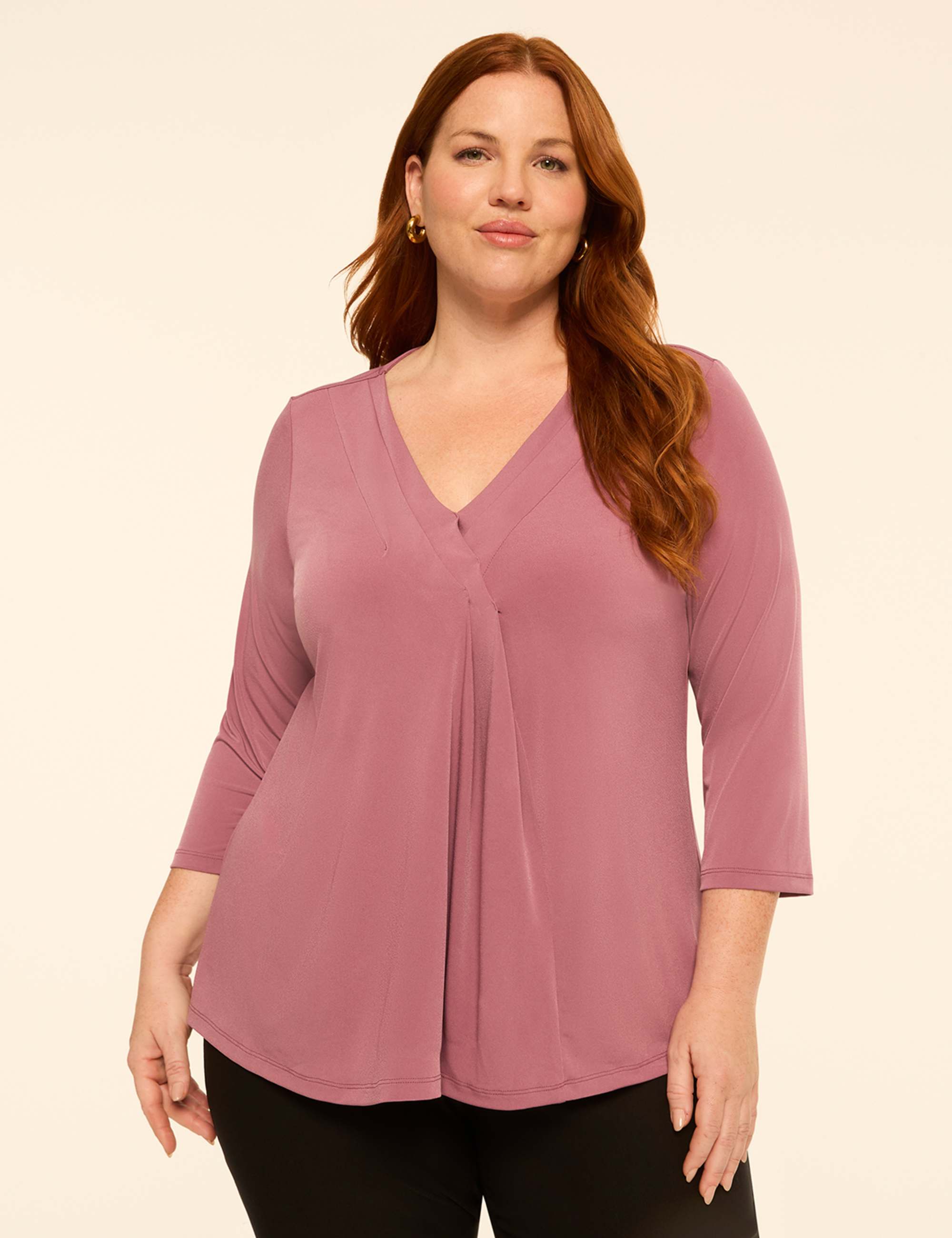 Swing 3/4-Sleeve Pleat-Front Top