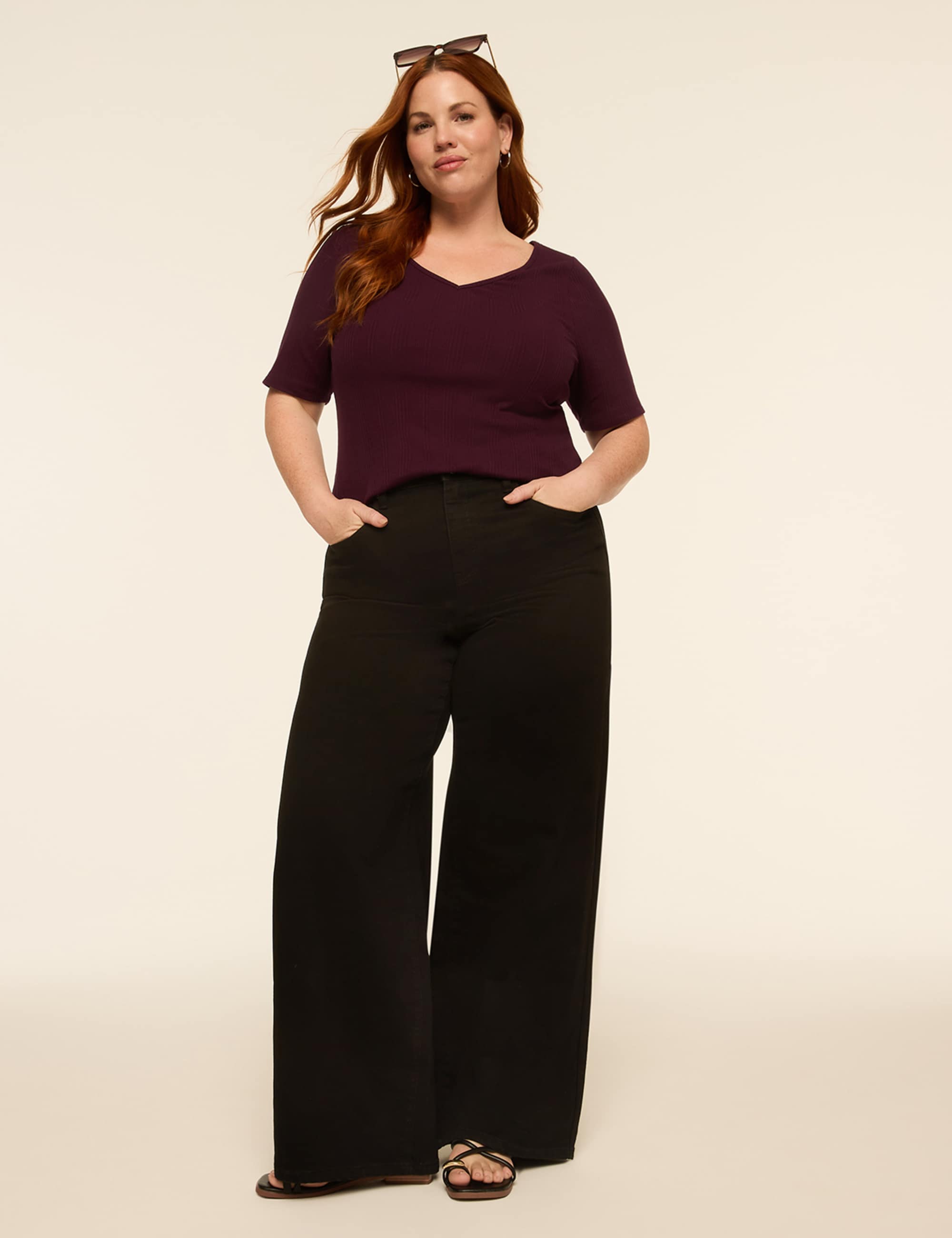 Elbow-Sleeve V-Neck Rib Top