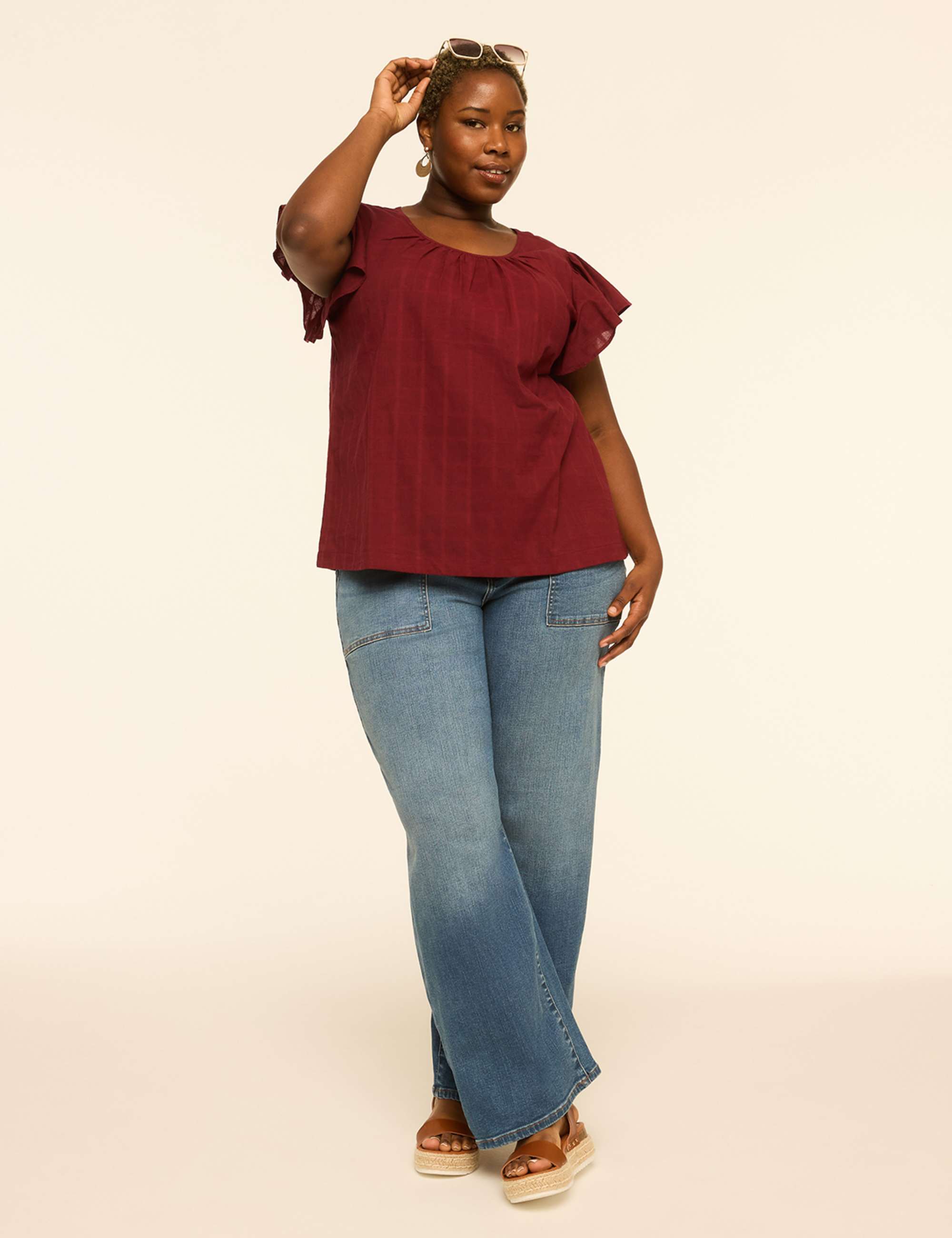Flutter-Sleeve Scoop-Neck Popover Blouse