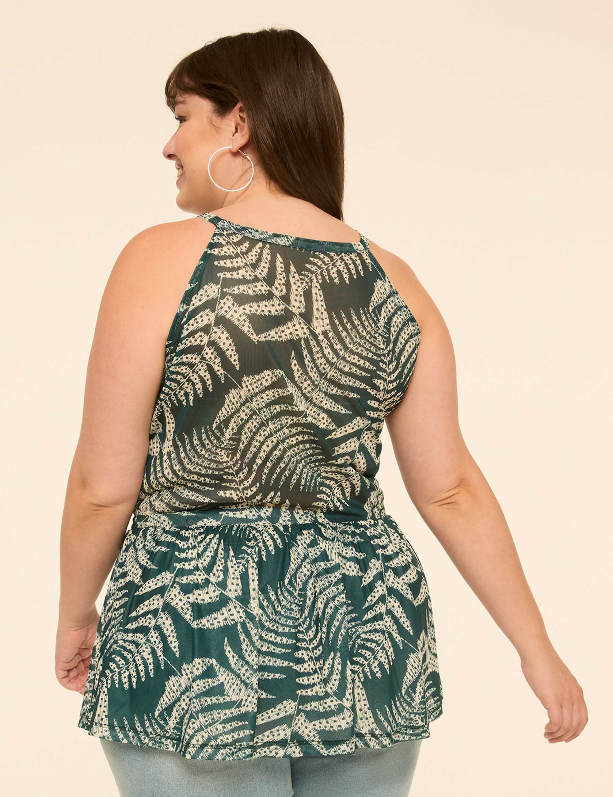 Mesh Halter-Neck Smocked Peplum Top