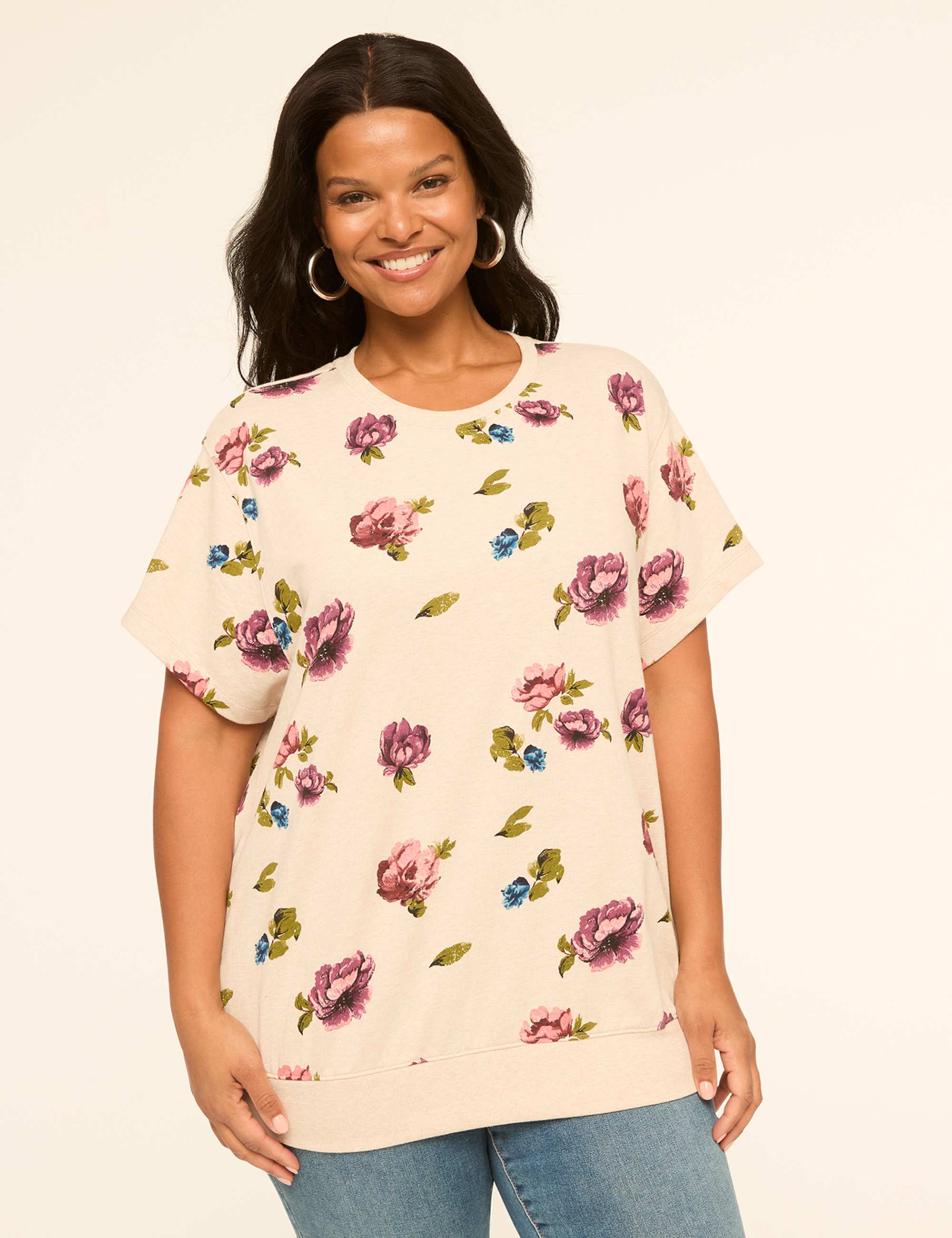 Short-Sleeve French Terry Floral Sweatshirt