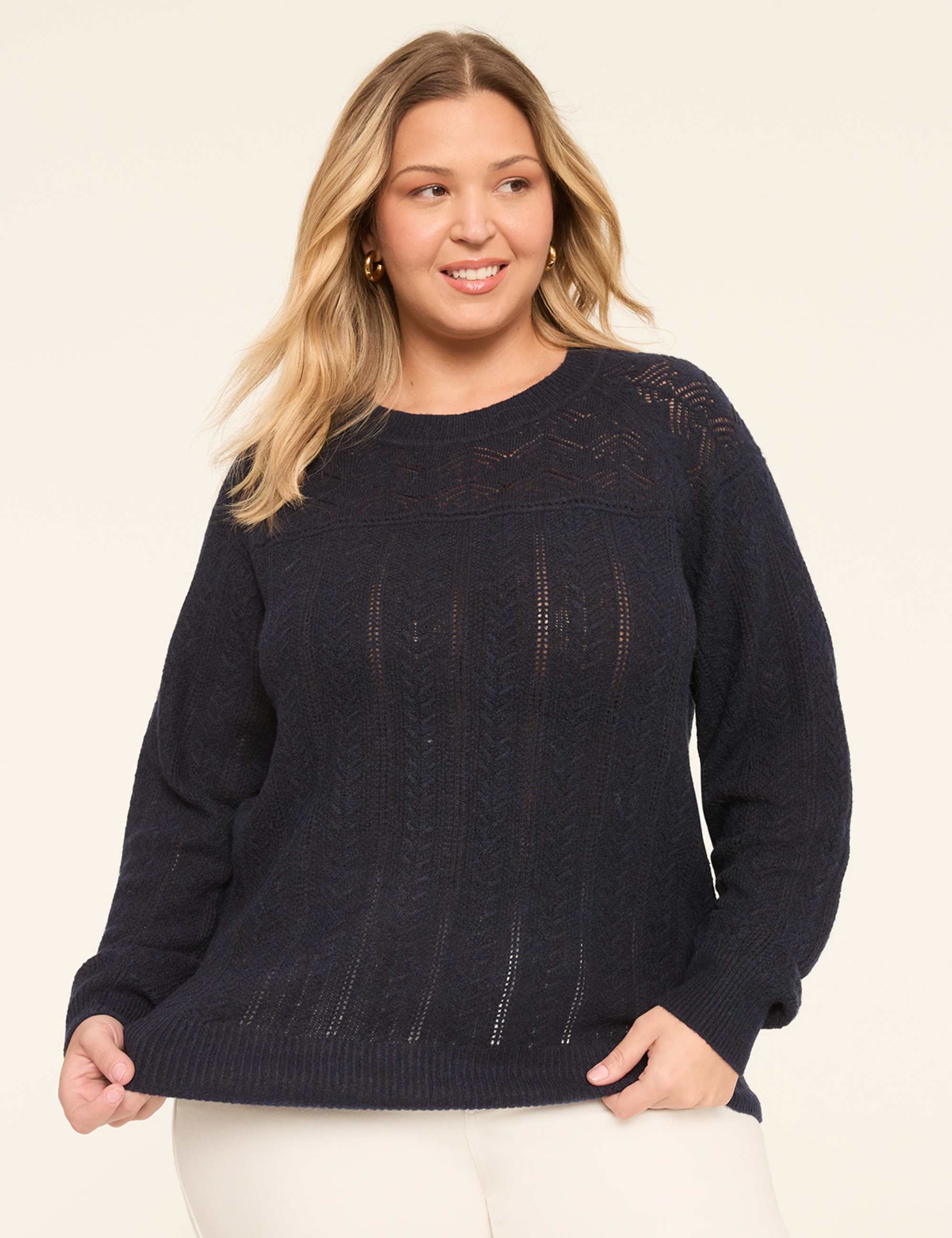 Pointelle Crew-Neck Pullover Sweater