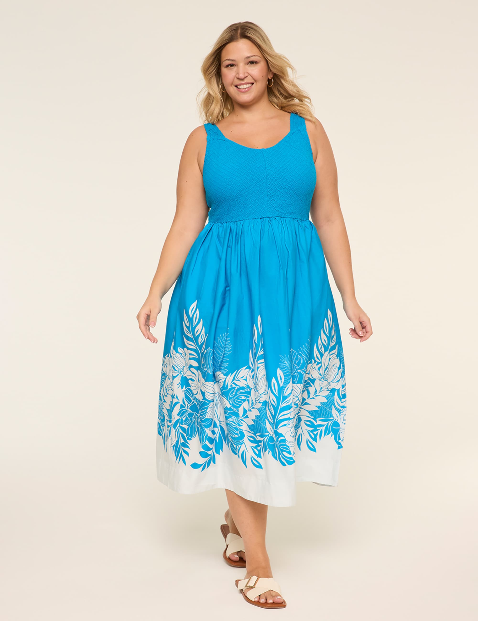 V-Neck Smocked-Bodice Midi Dress