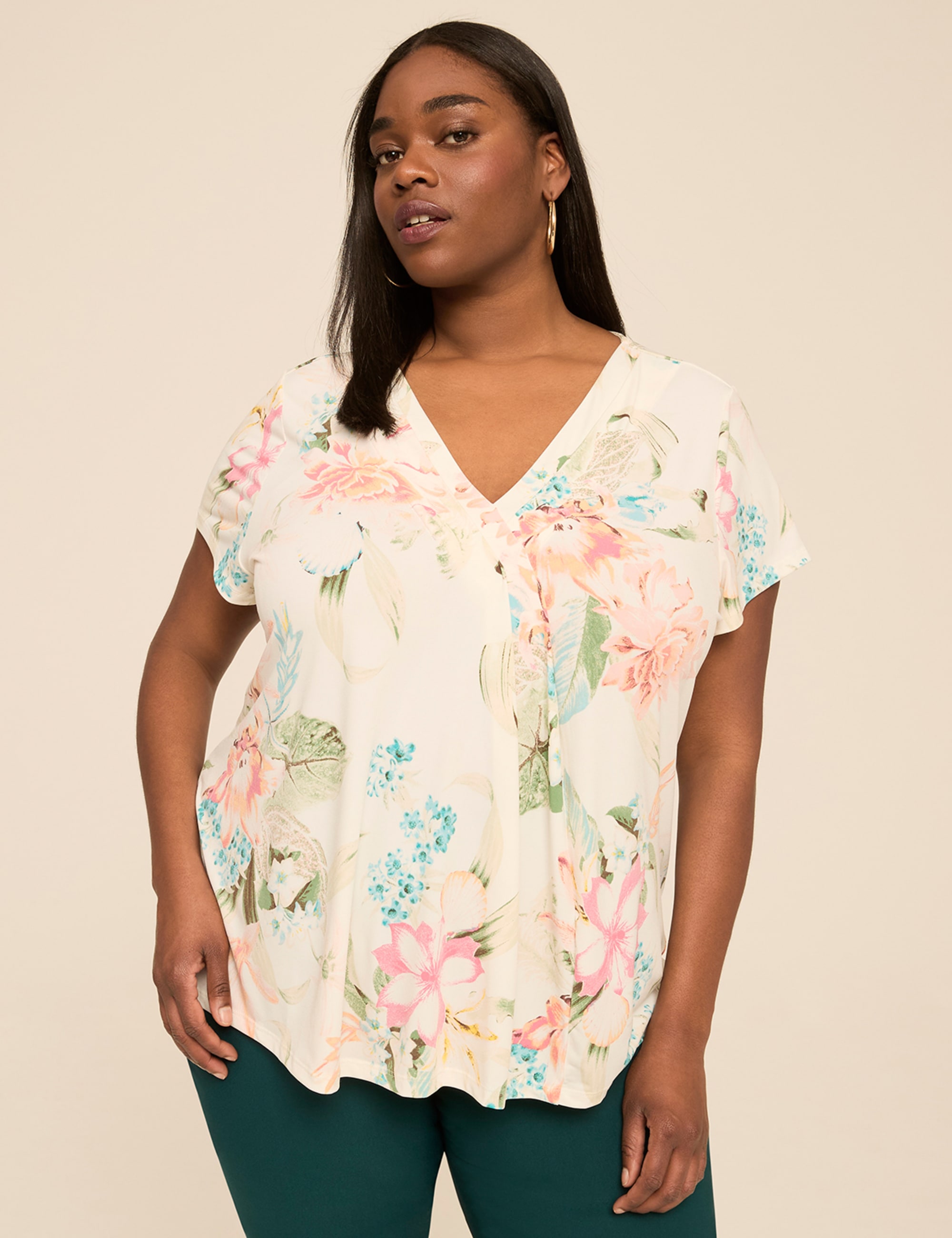 Swing Cap-Sleeve Pleat-Front Top