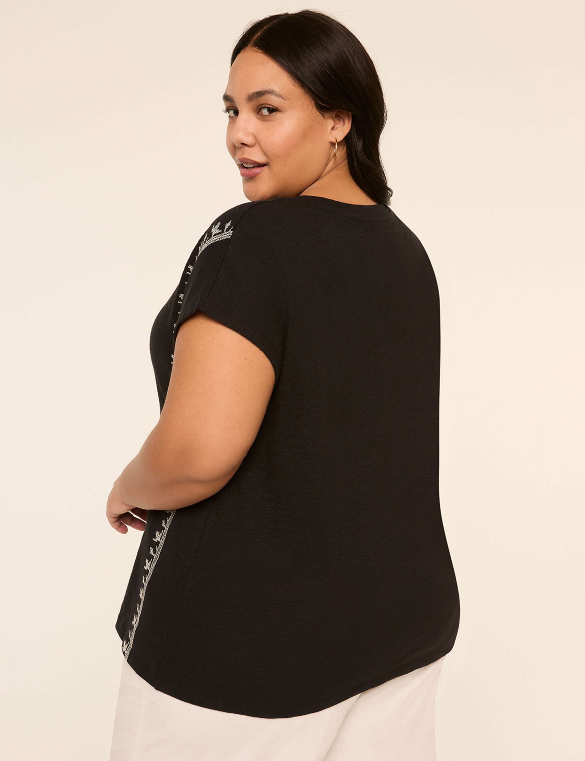 Embroidered Dolman-Sleeve Crew-Neck Top