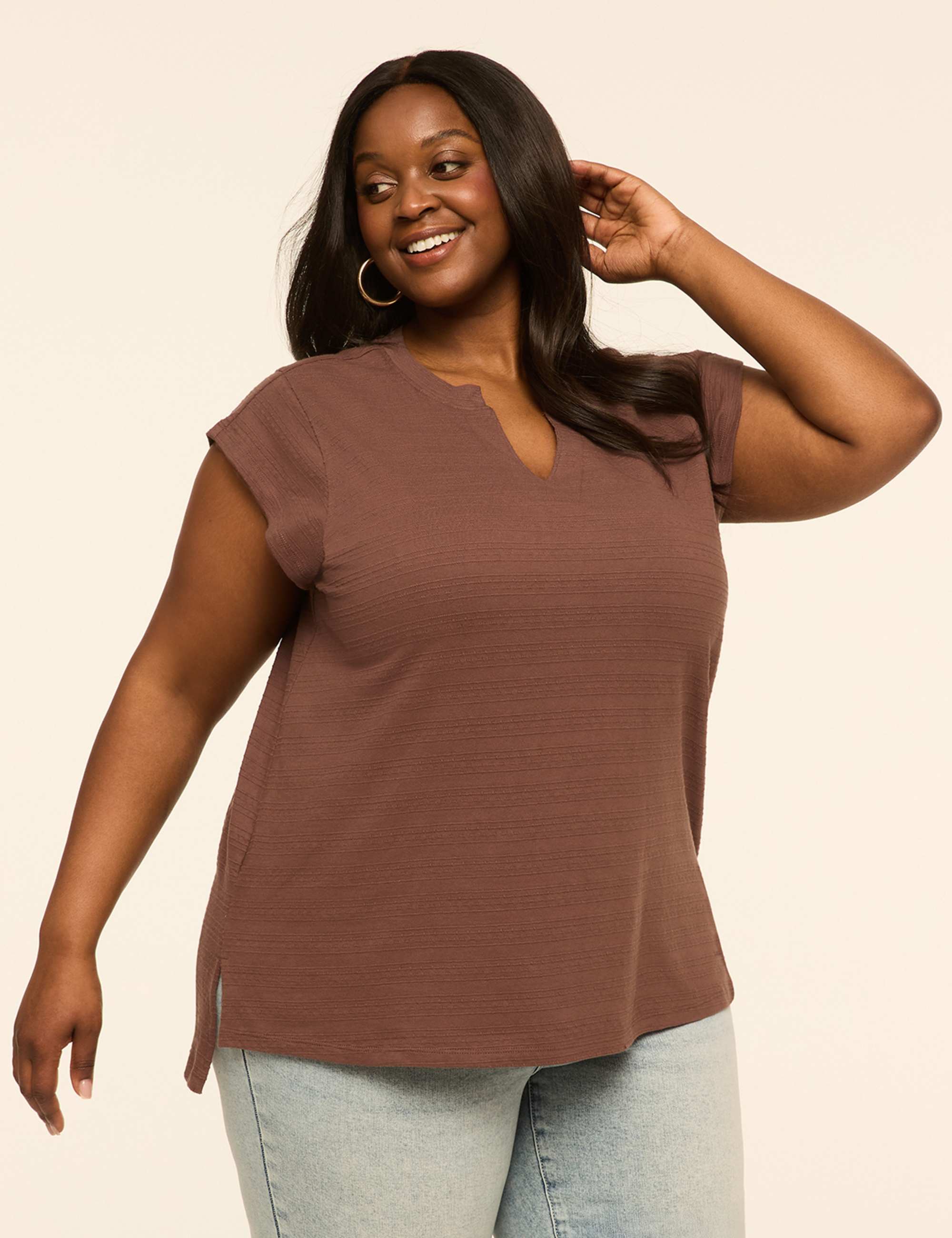 Notch-Neck Textured Knit Top