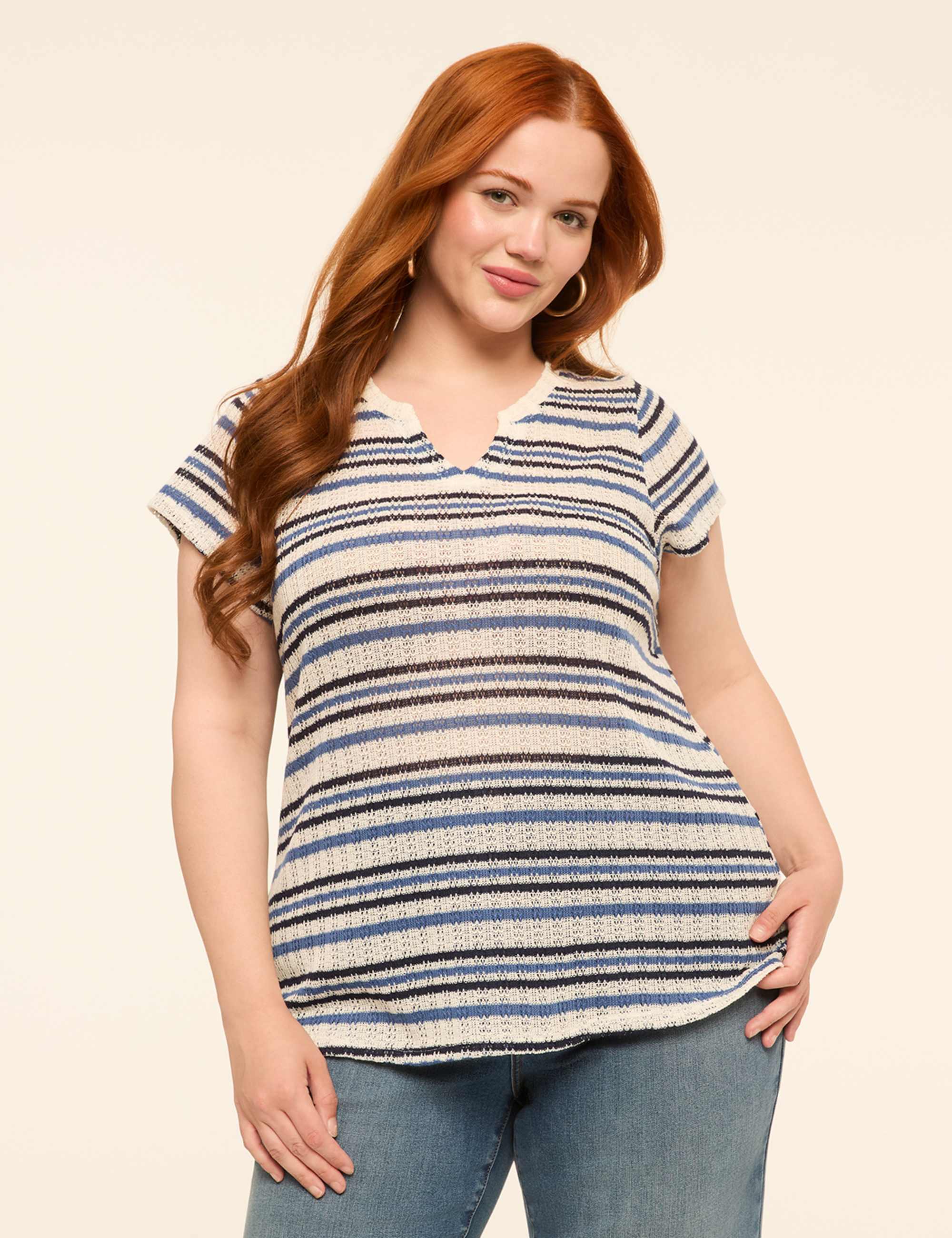 Notch-Neck Textured Open-Stitch Top
