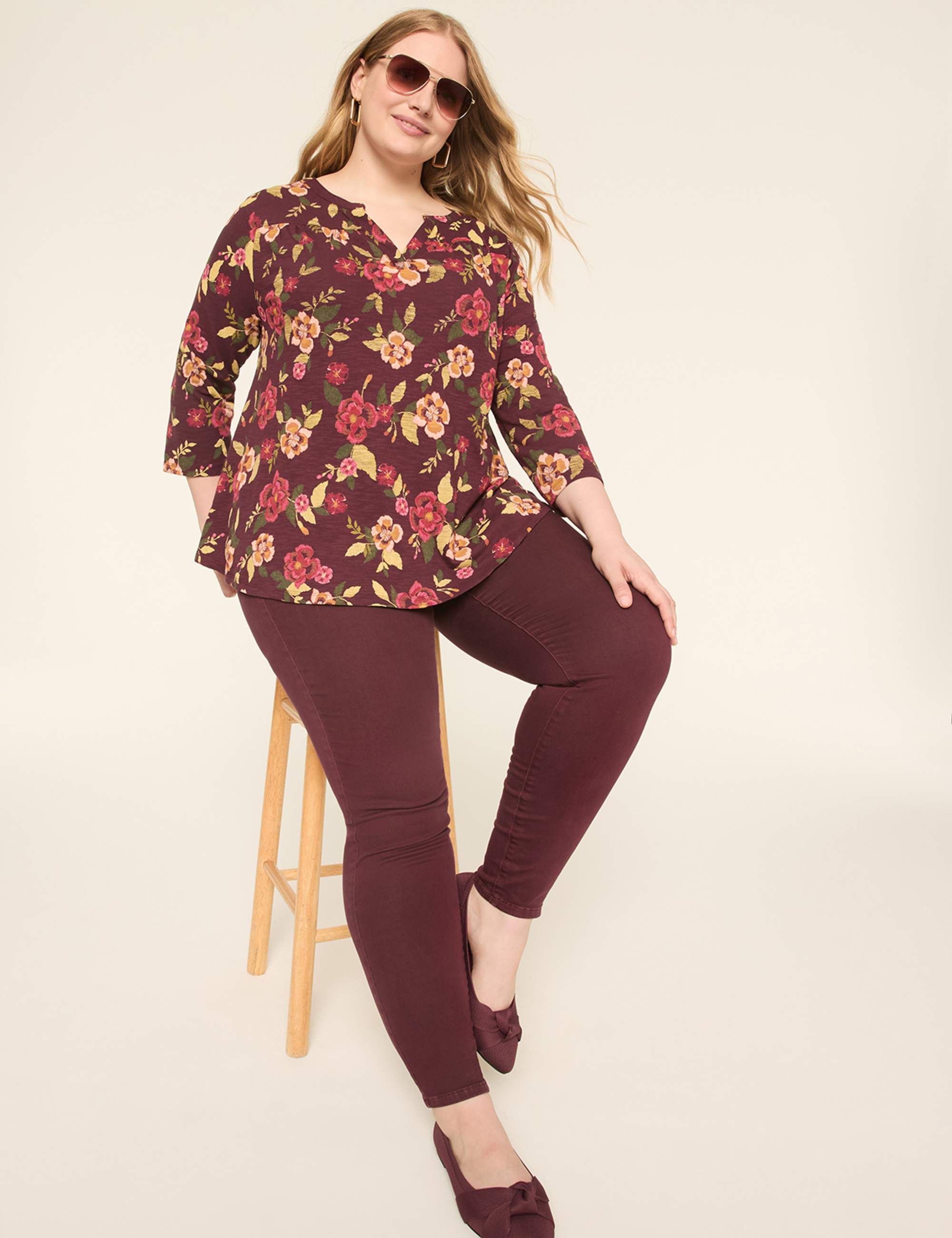 3/4-Sleeve Notch-Neck Top