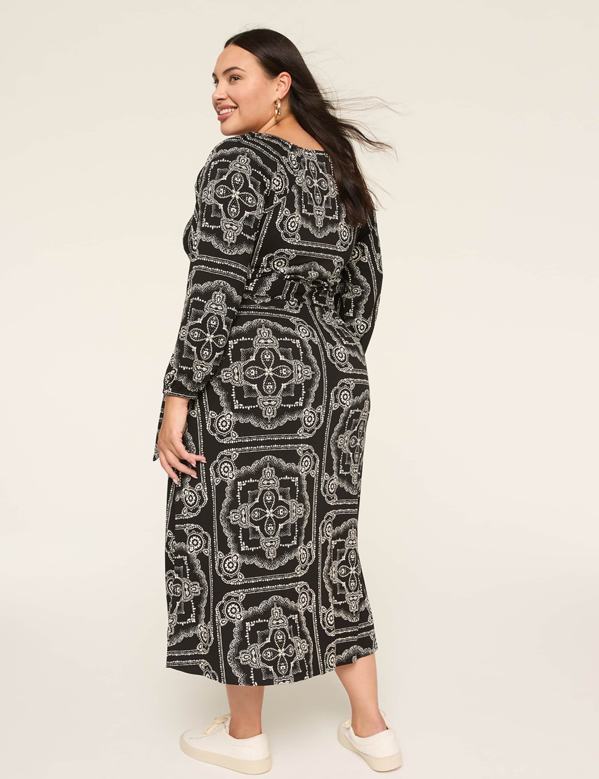 3/4-Sleeve Tie-Waist Midi Dress