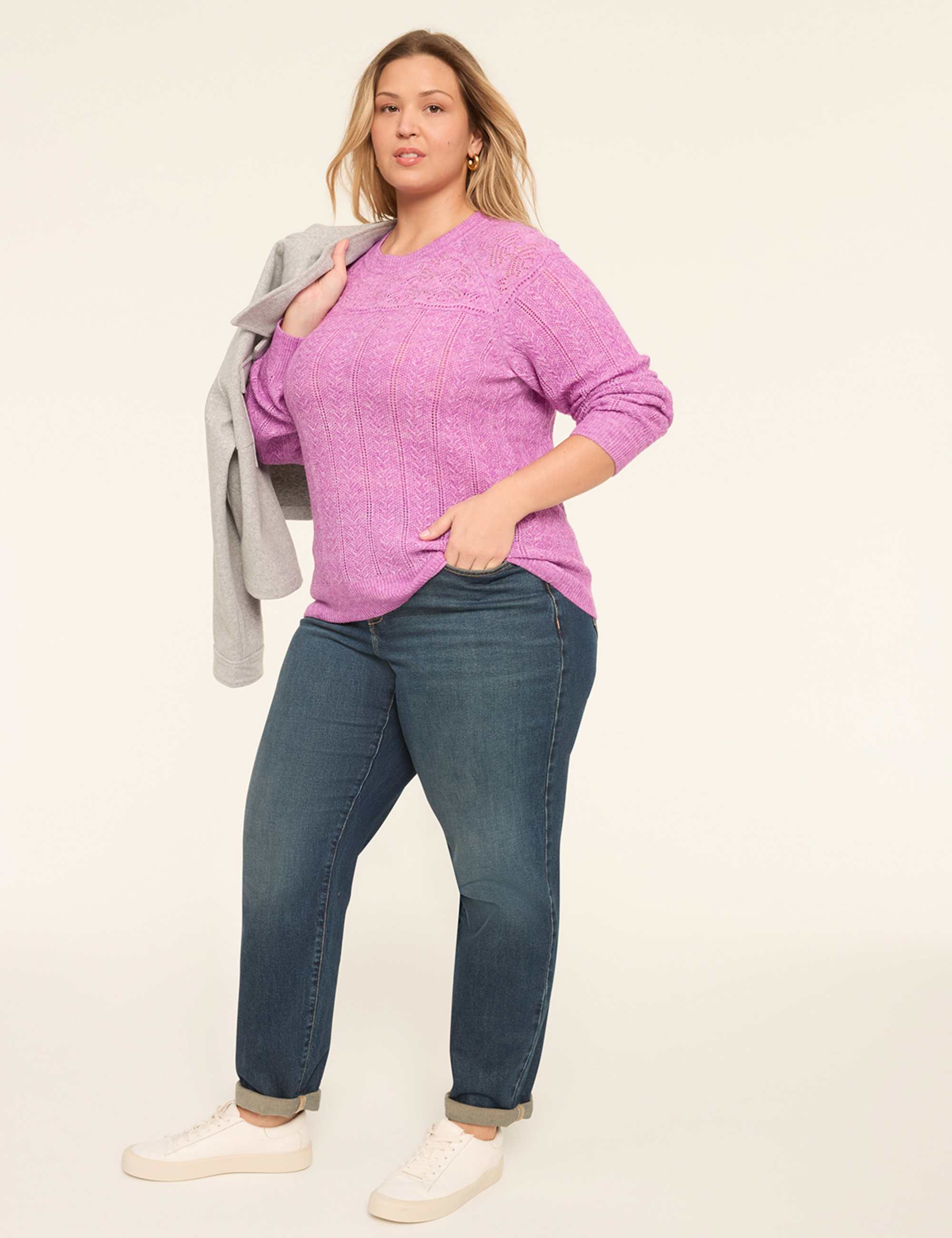 Pointelle Crew-Neck Pullover Sweater