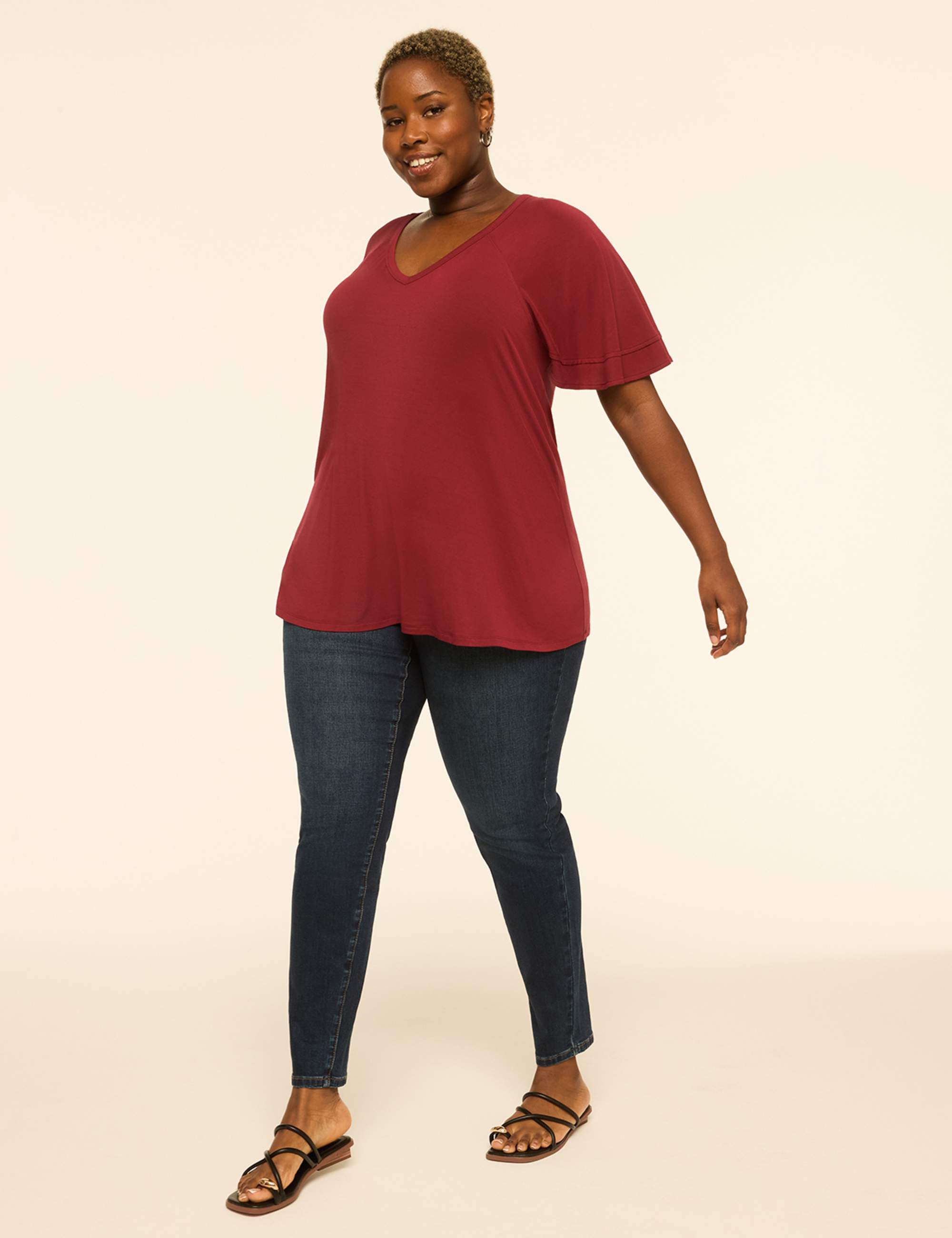 DreamFeel Double Flutter-Sleeve V-Neck Top