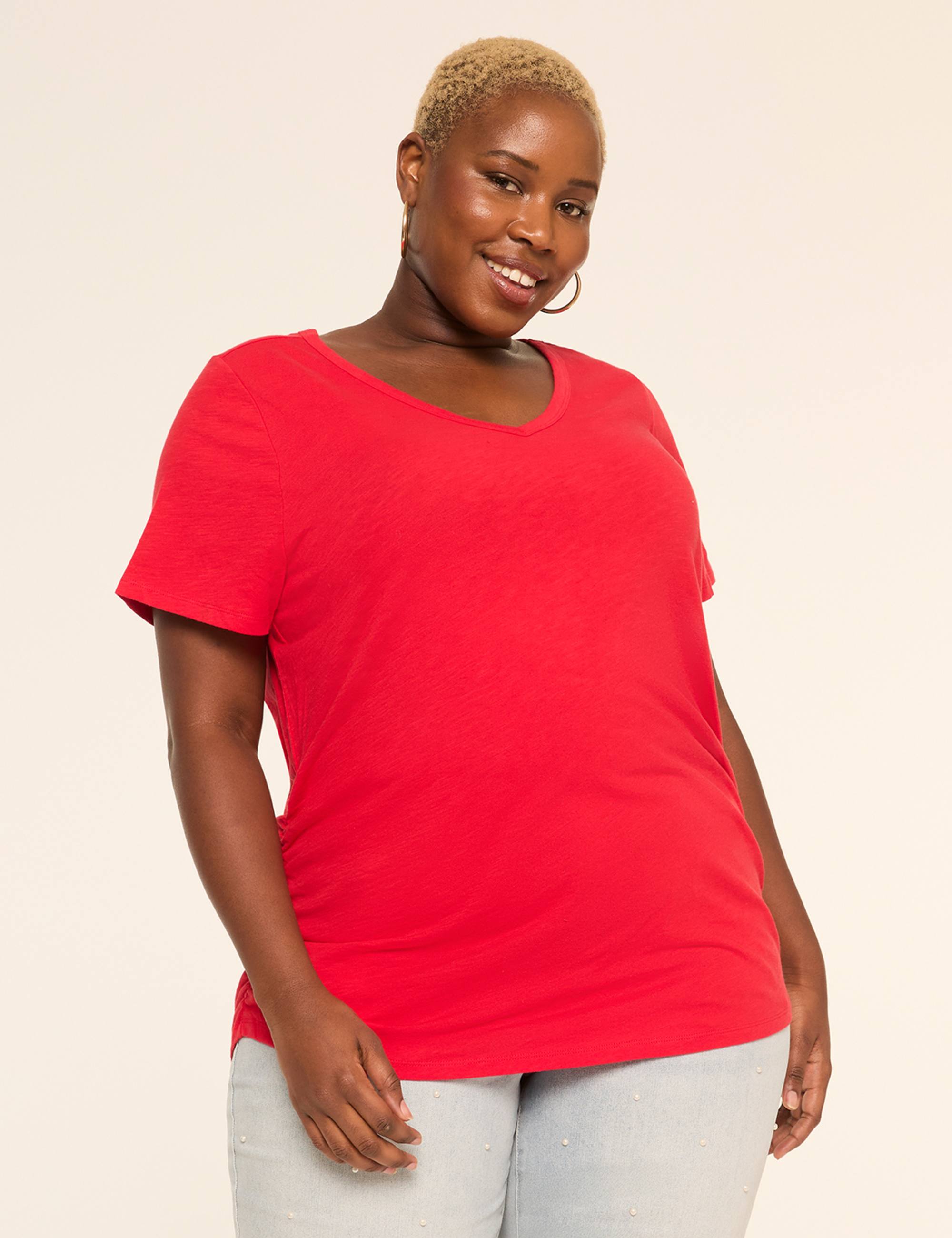 Short-Sleeve V-Neck Side-Ruched Tee