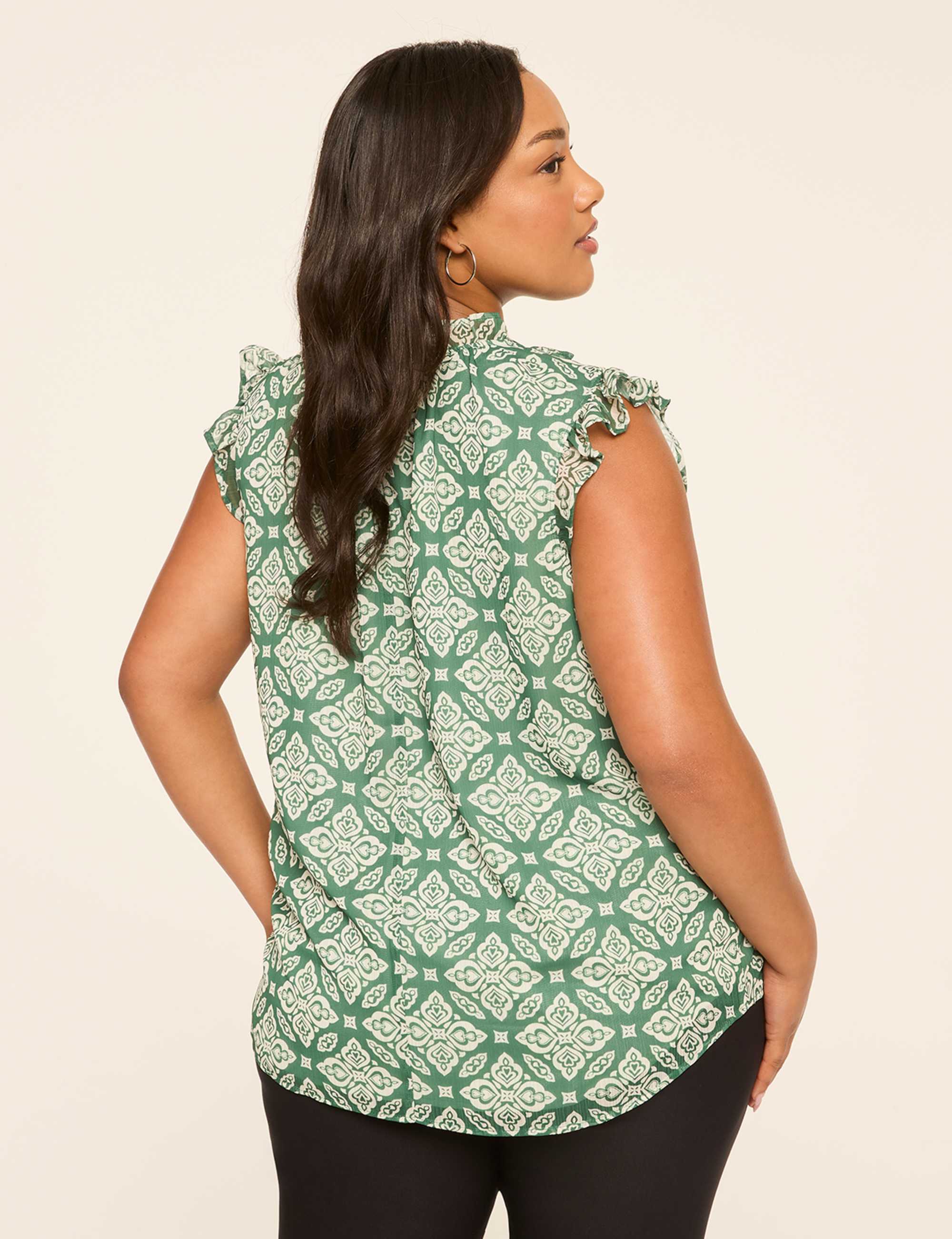 Ruffle-Sleeve Split-Neck Popover Blouse