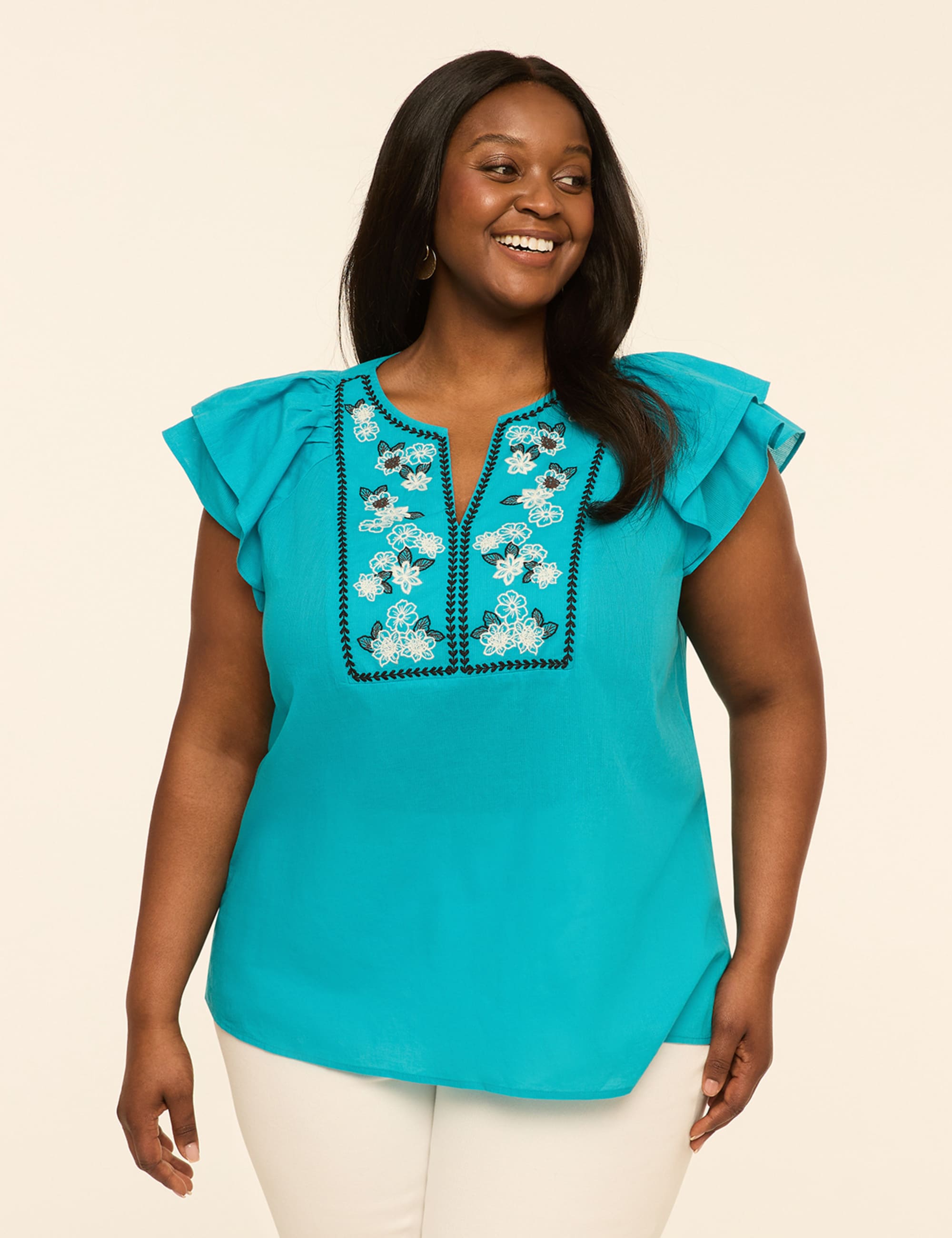Double Flutter-Sleeve Split-Neck Top