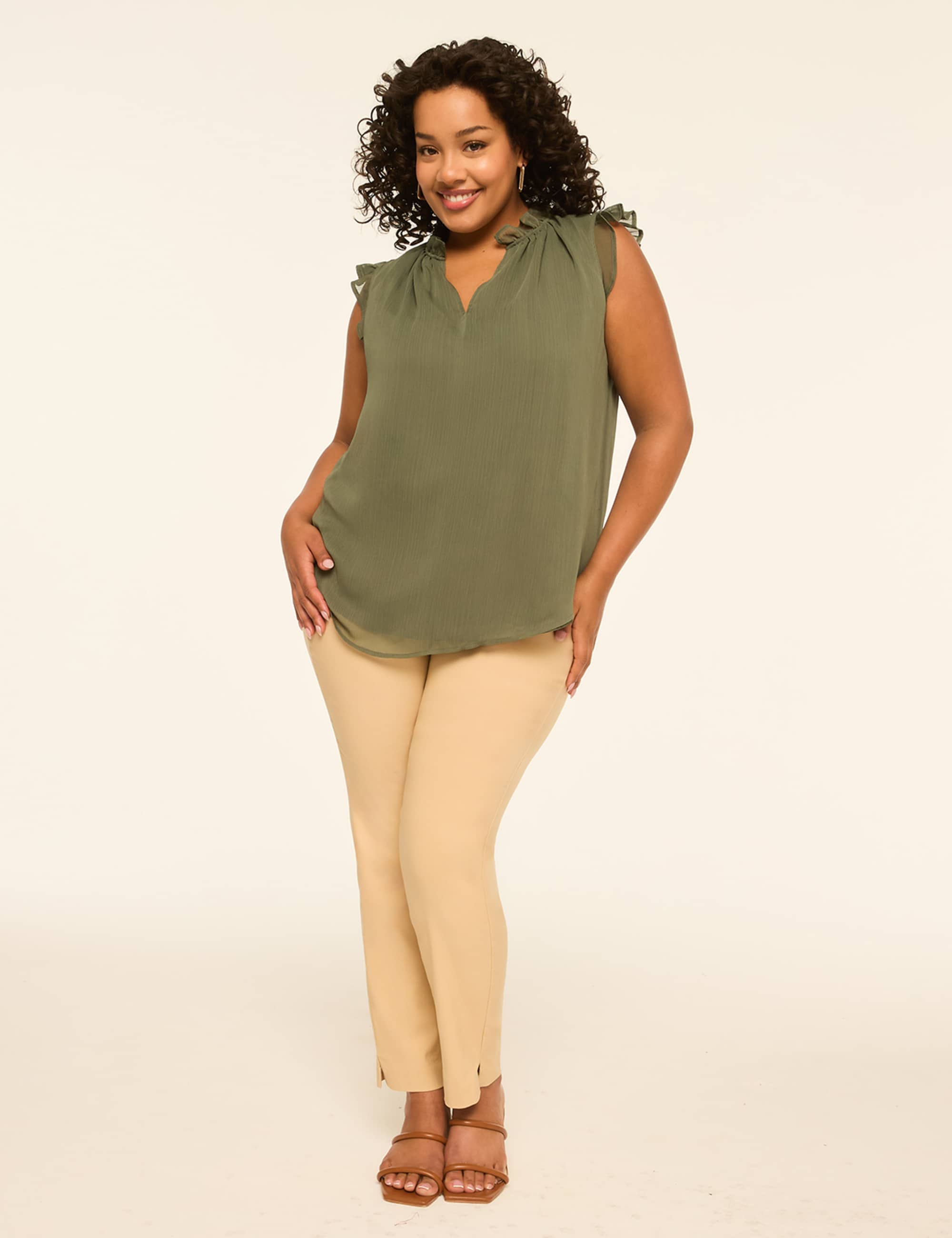 Ruffle-Sleeve Split-Neck Popover Blouse