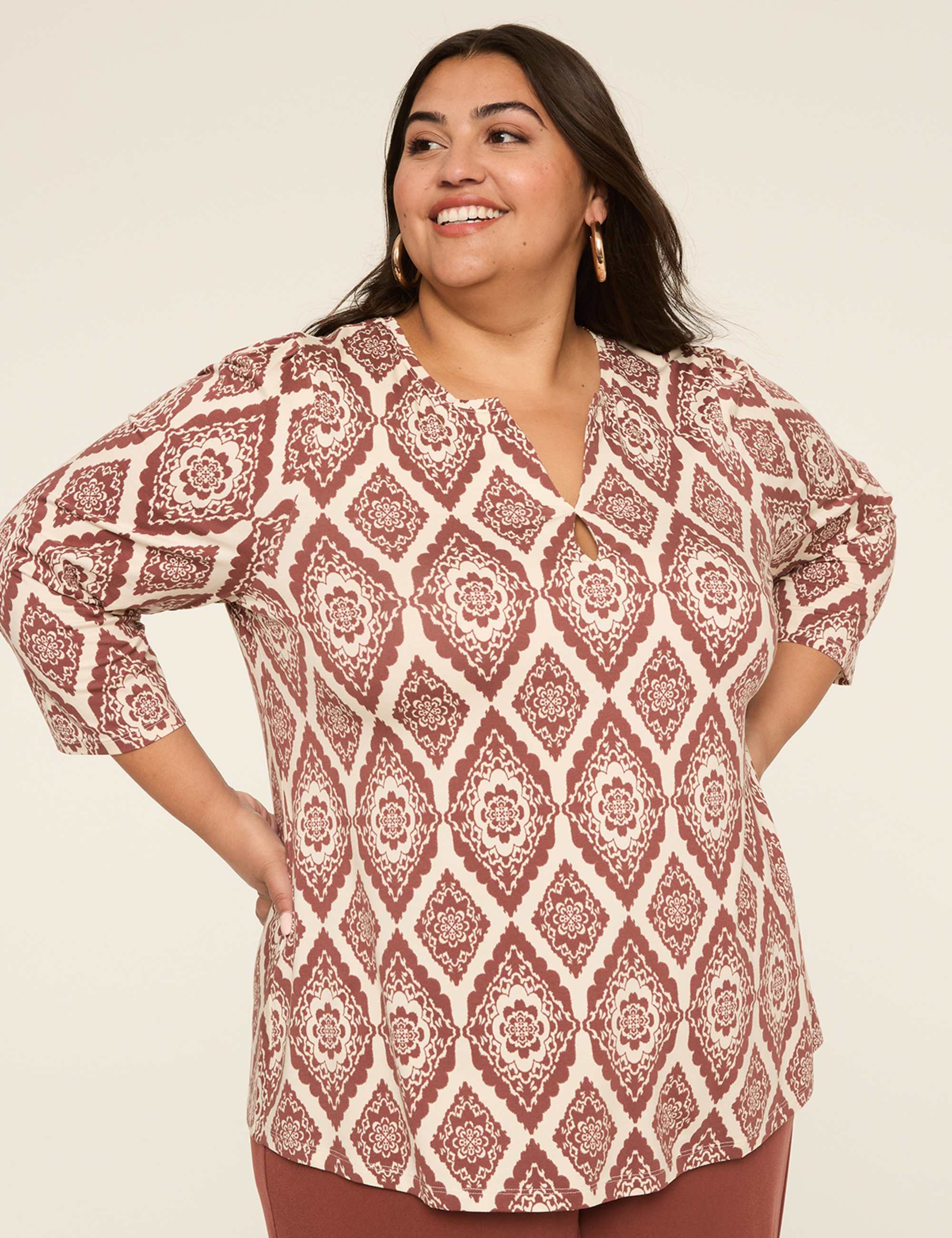 3/4-Sleeve Notch-Neck Keyhole Tee