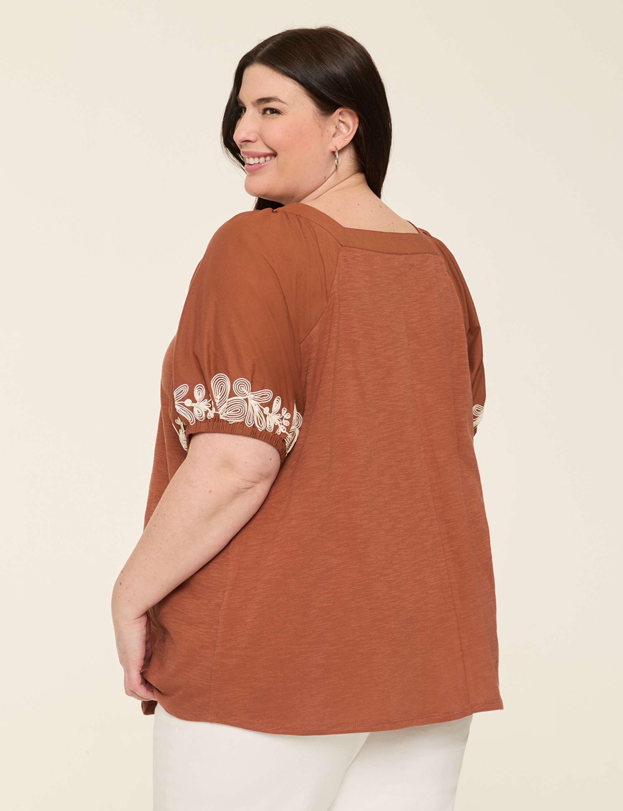 Embroidered Puff-Sleeve Square-Neck Top