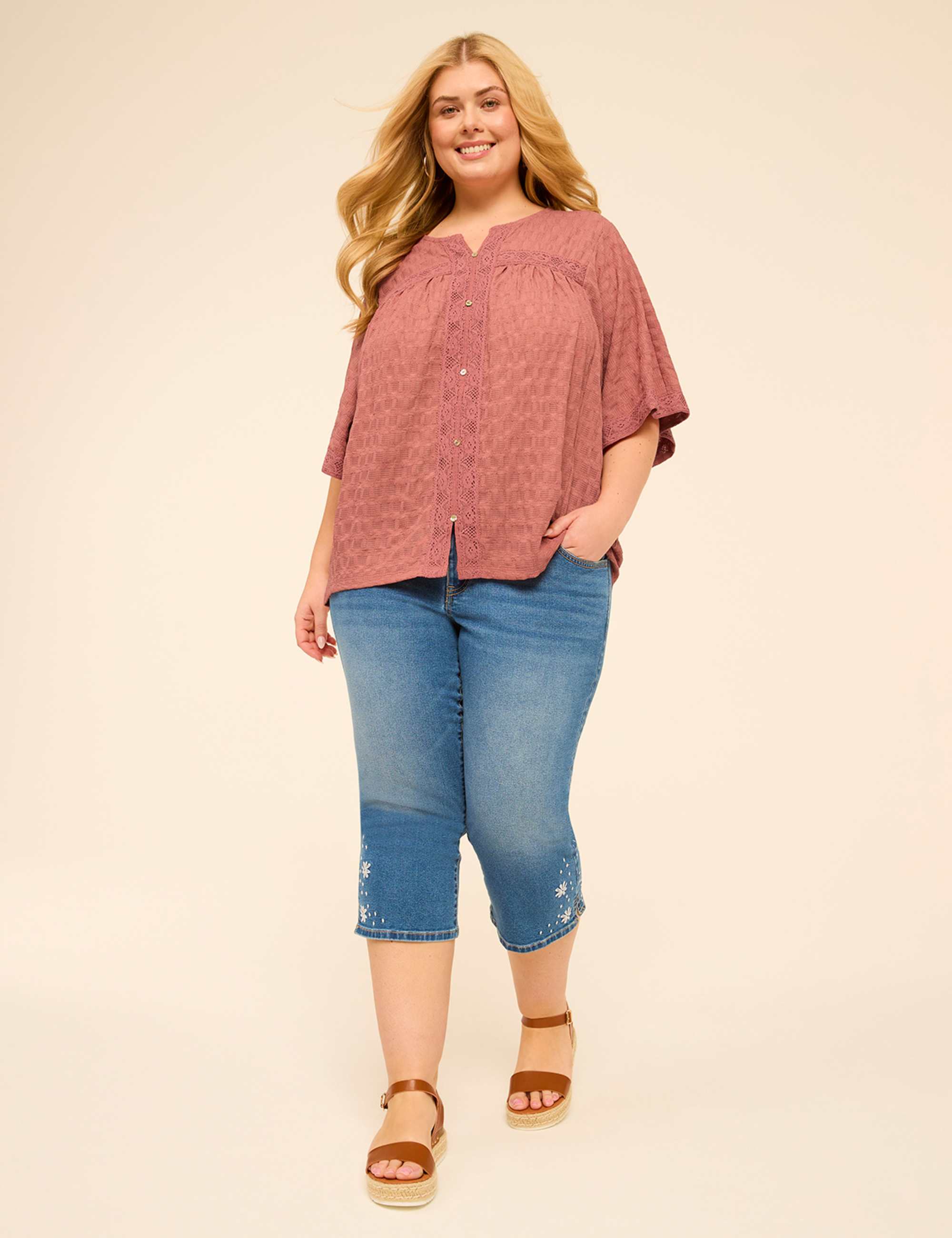 Button-Front Lace-Trim Top