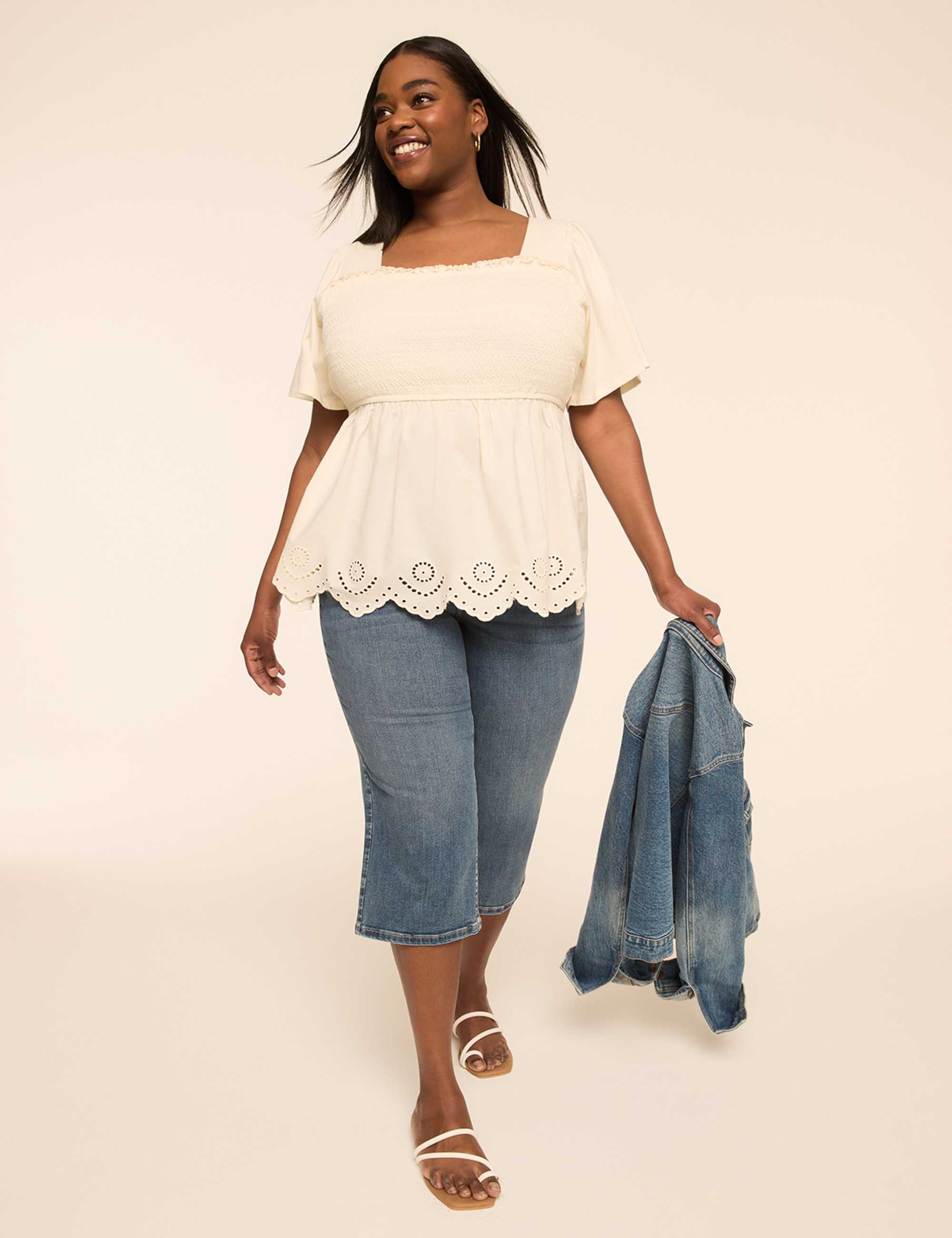 Smocked-Bodice Eyelet-Hem Peplum Top