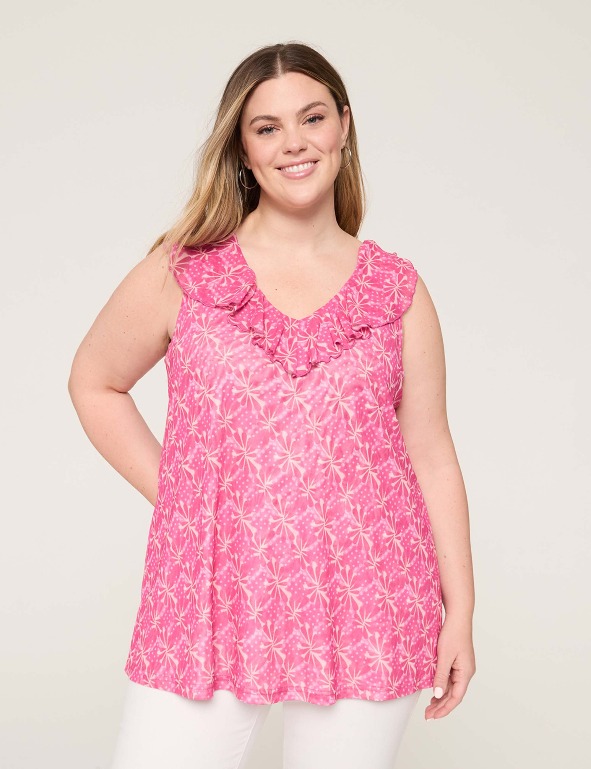 Sleeveless Ruffle V-Neck Mesh Top