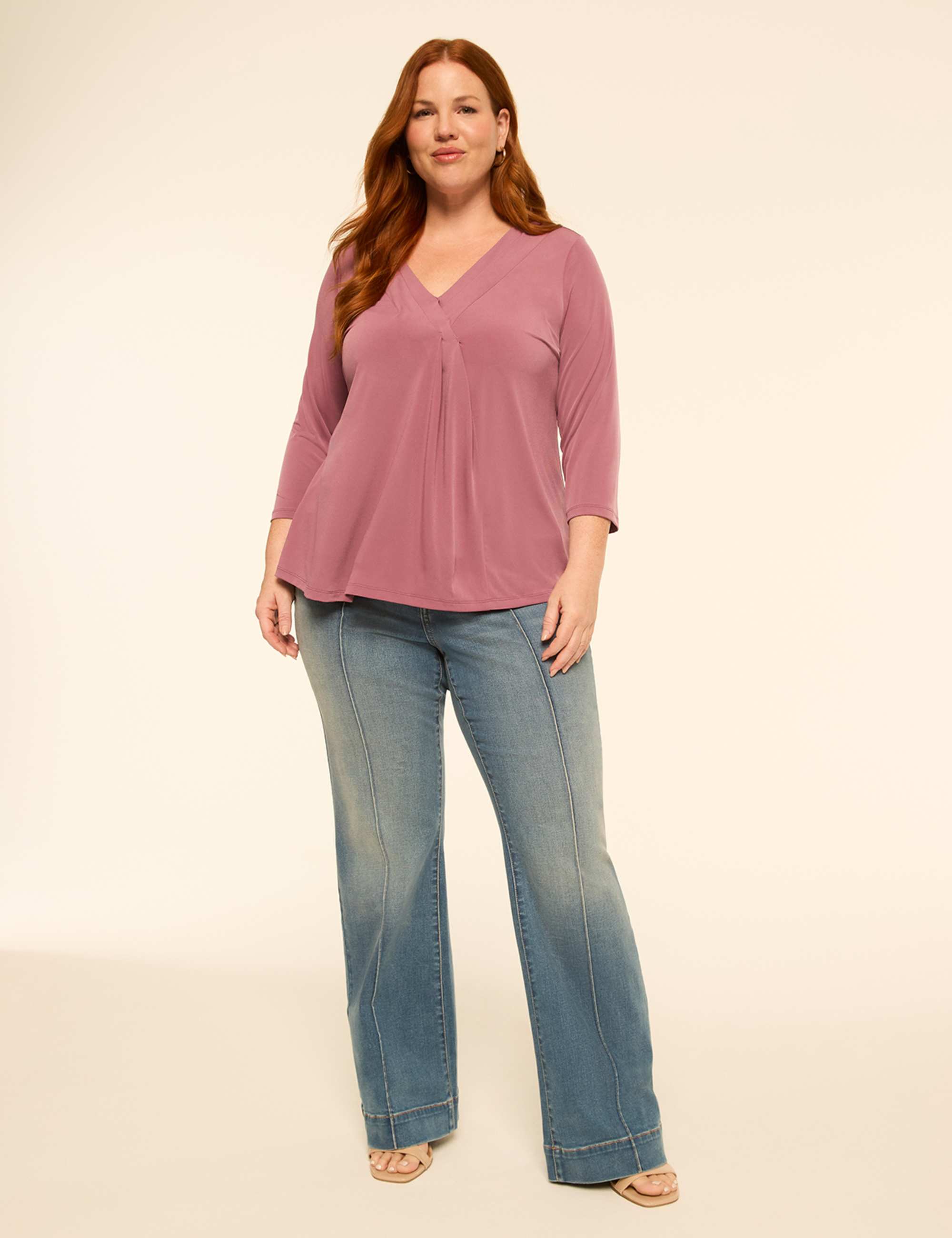 Swing 3/4-Sleeve Pleat-Front Top
