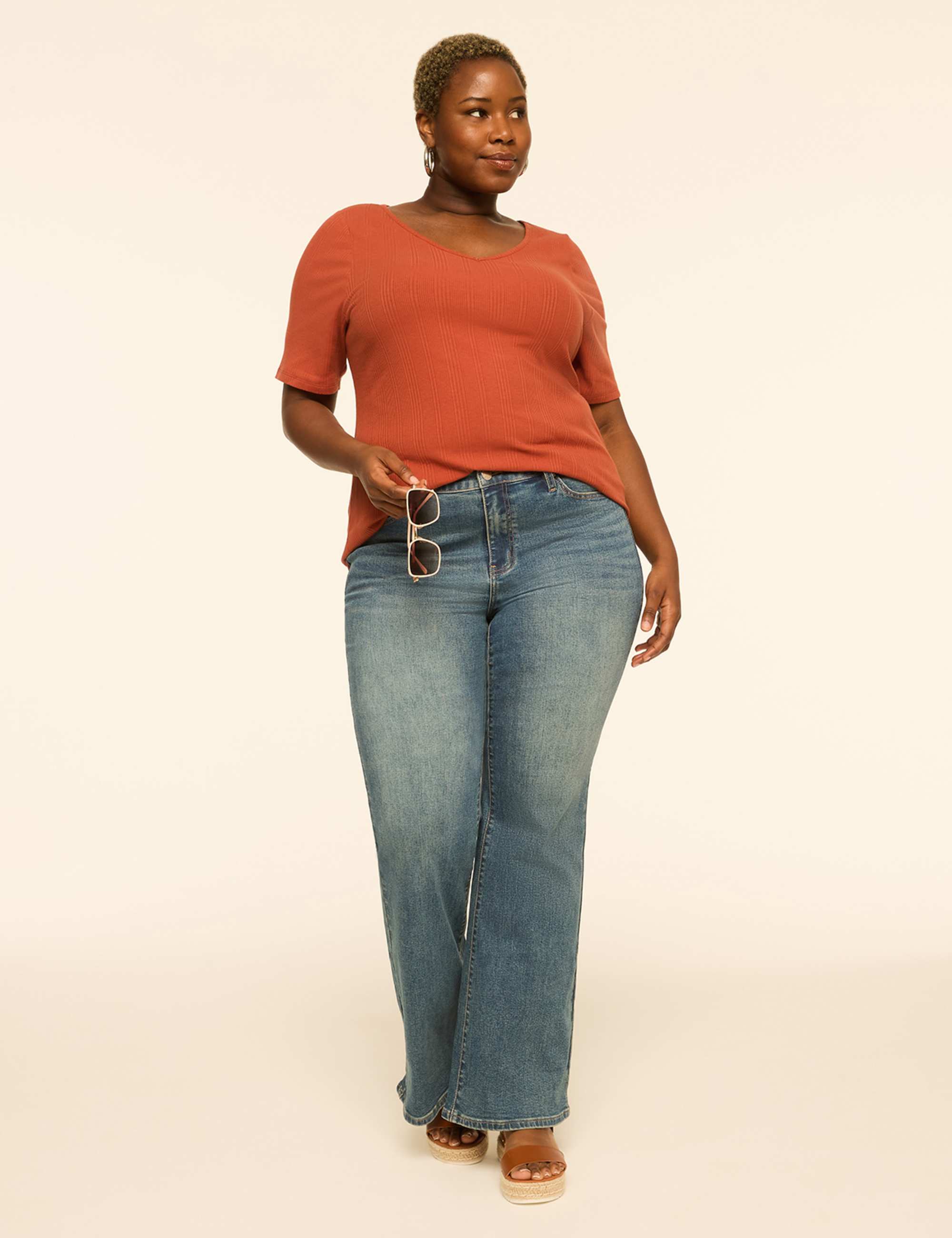 Elbow-Sleeve V-Neck Rib Top