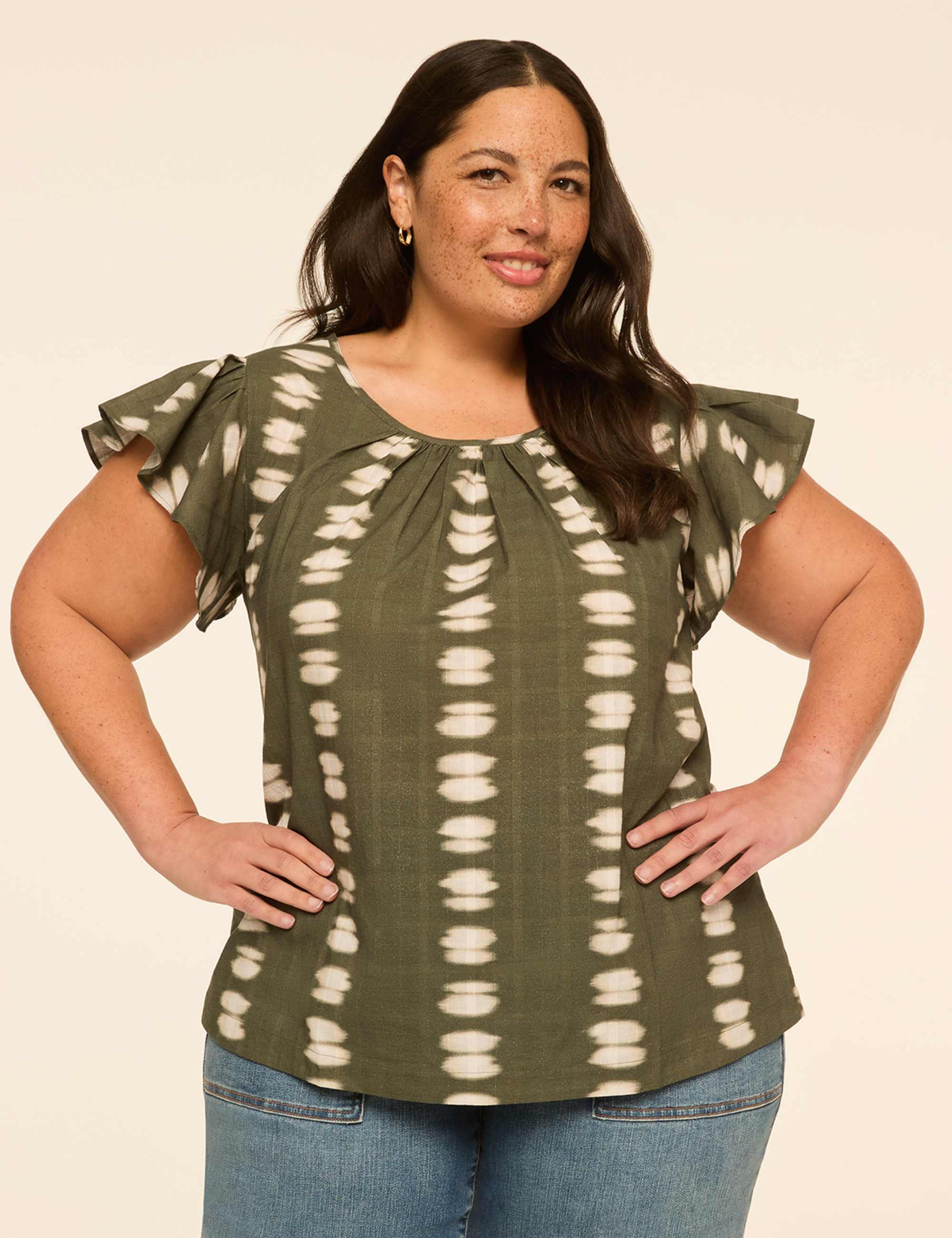 Flutter-Sleeve Scoop-Neck Popover Blouse