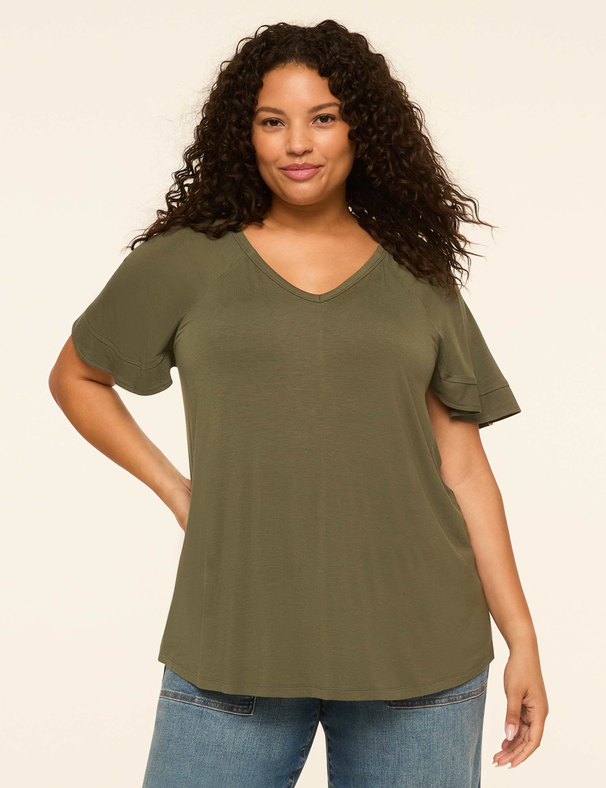 DreamFeel Double Flutter-Sleeve V-Neck Top
