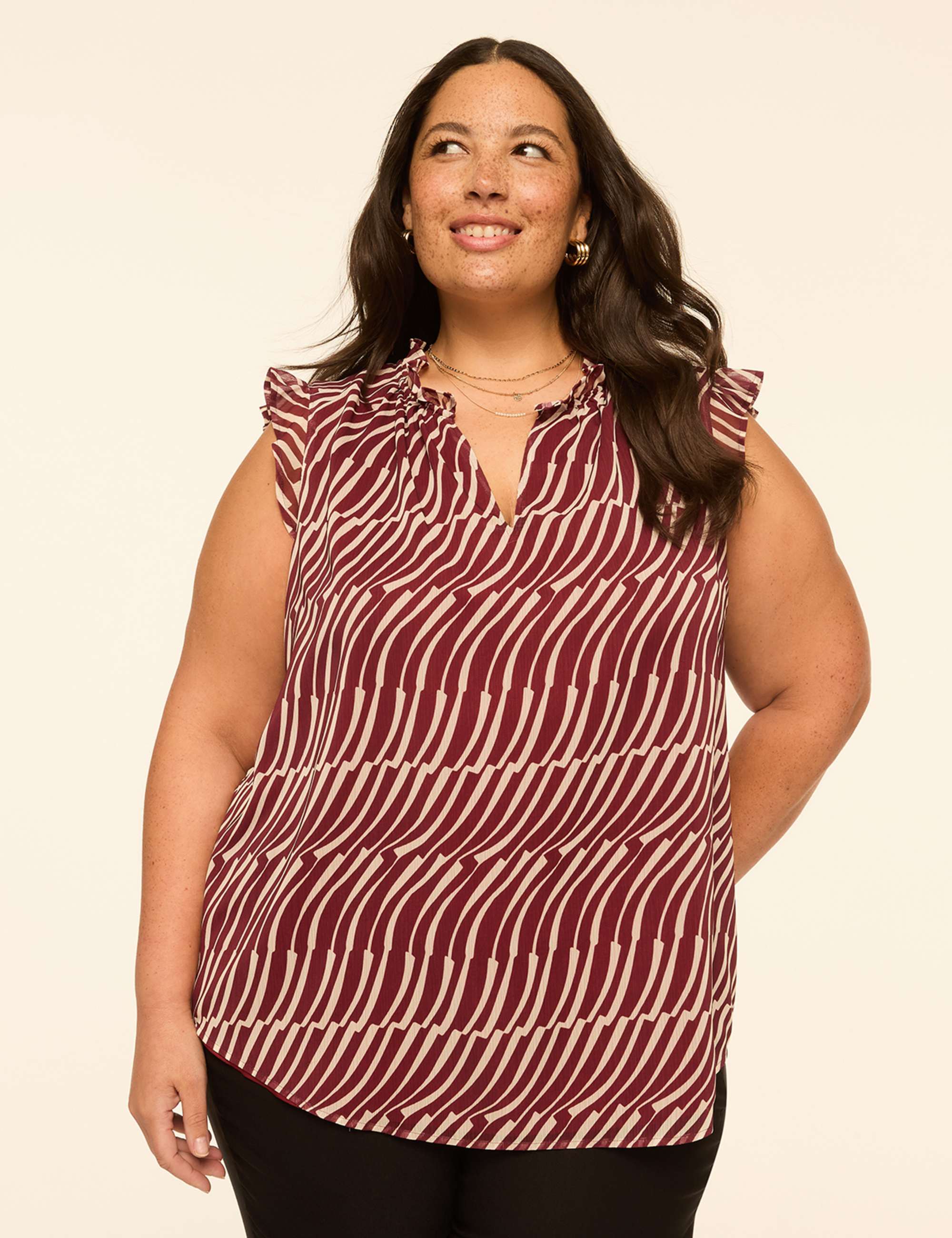 Ruffle-Sleeve Split-Neck Popover Blouse