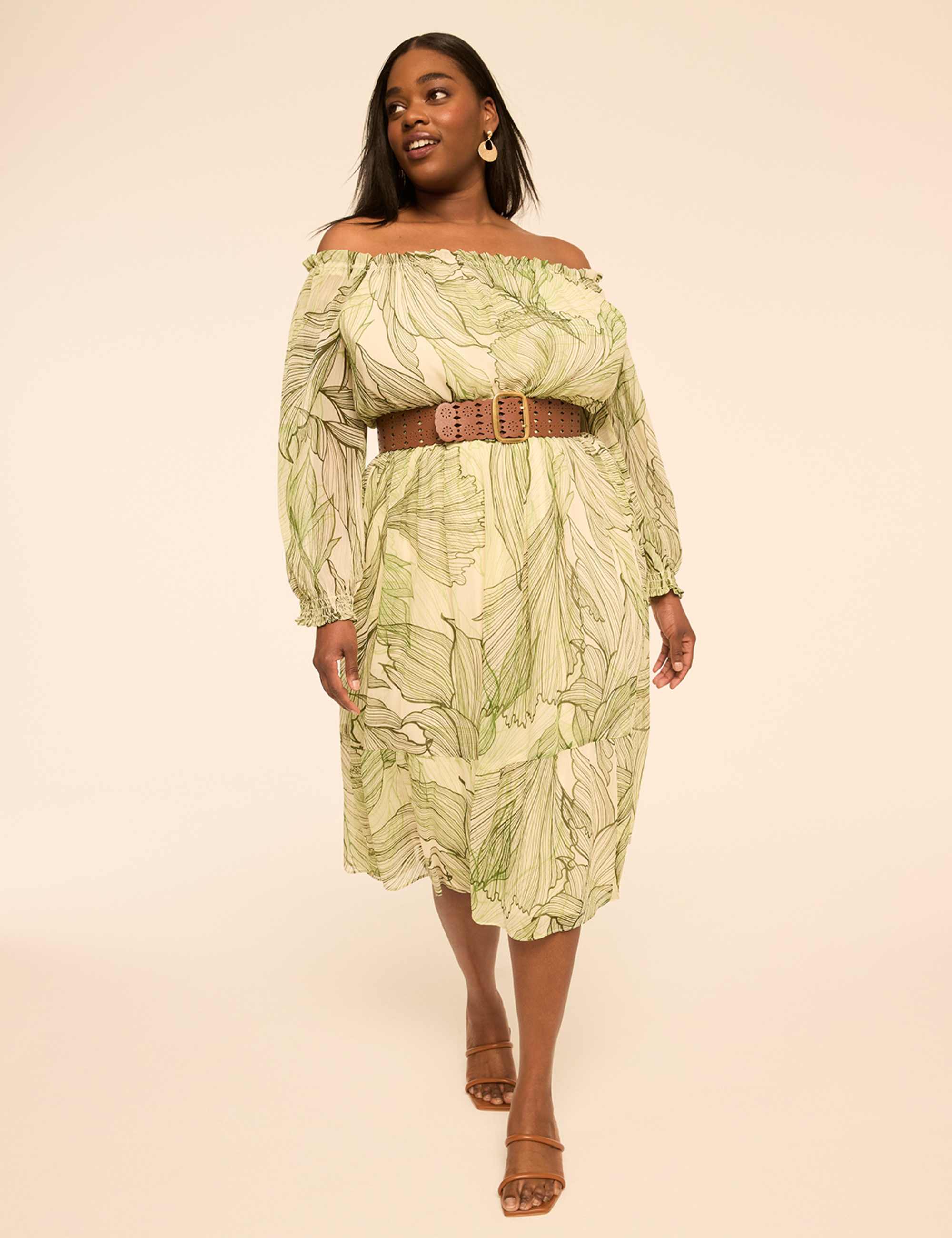 Long-Sleeve Off-The-Shoulder Midi Dress