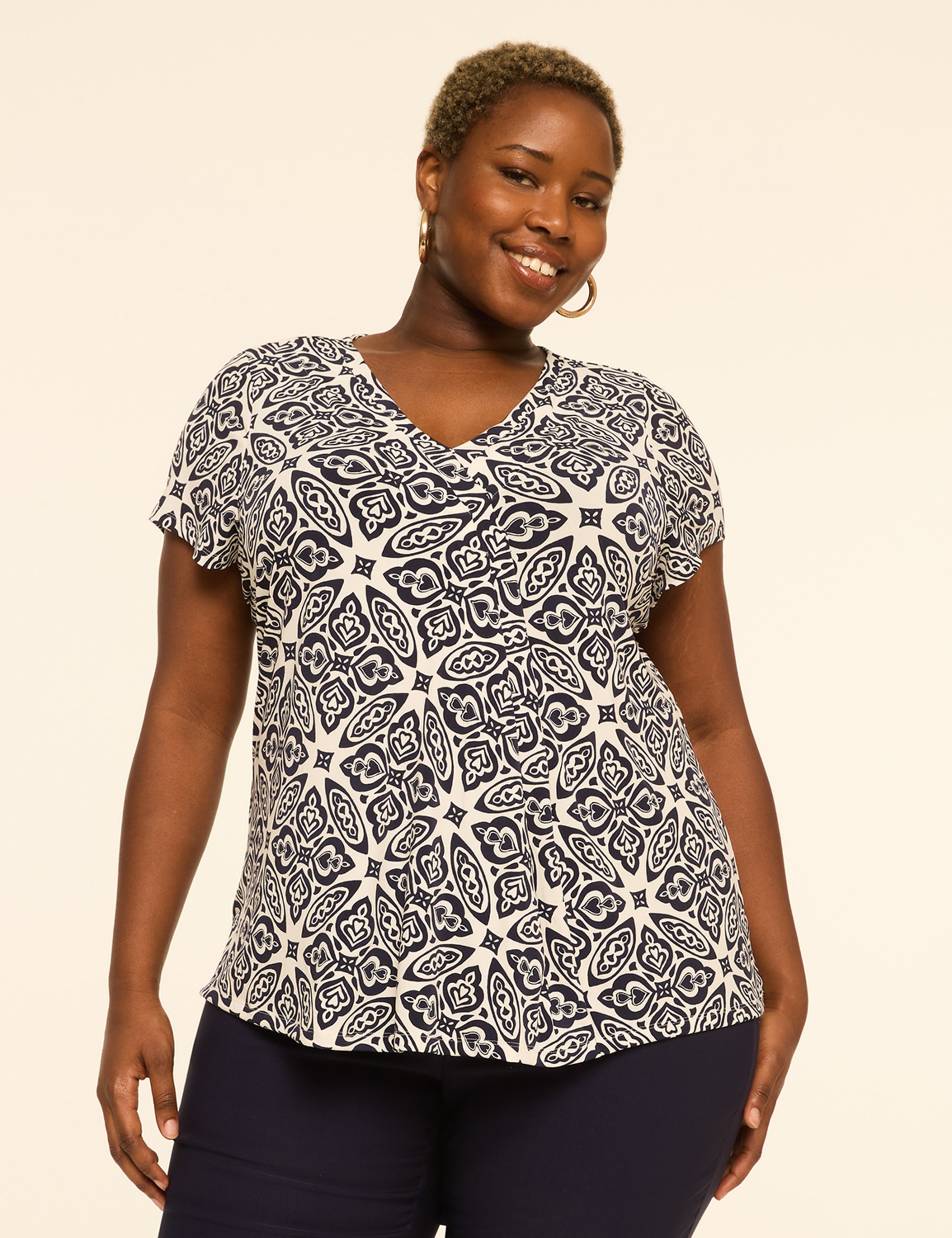 Swing Cap-Sleeve Pleat-Front Top