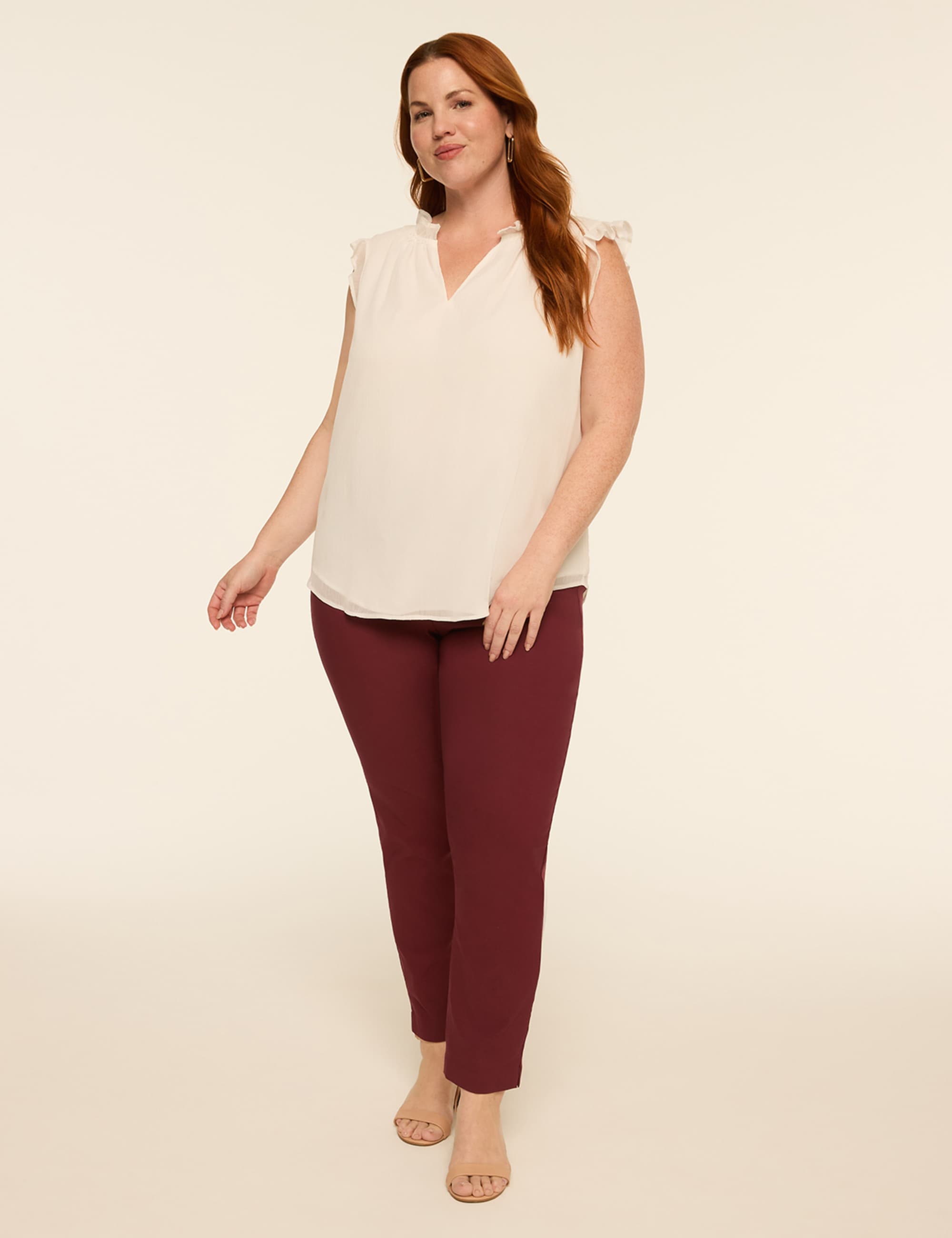 Ruffle-Sleeve Split-Neck Popover Blouse