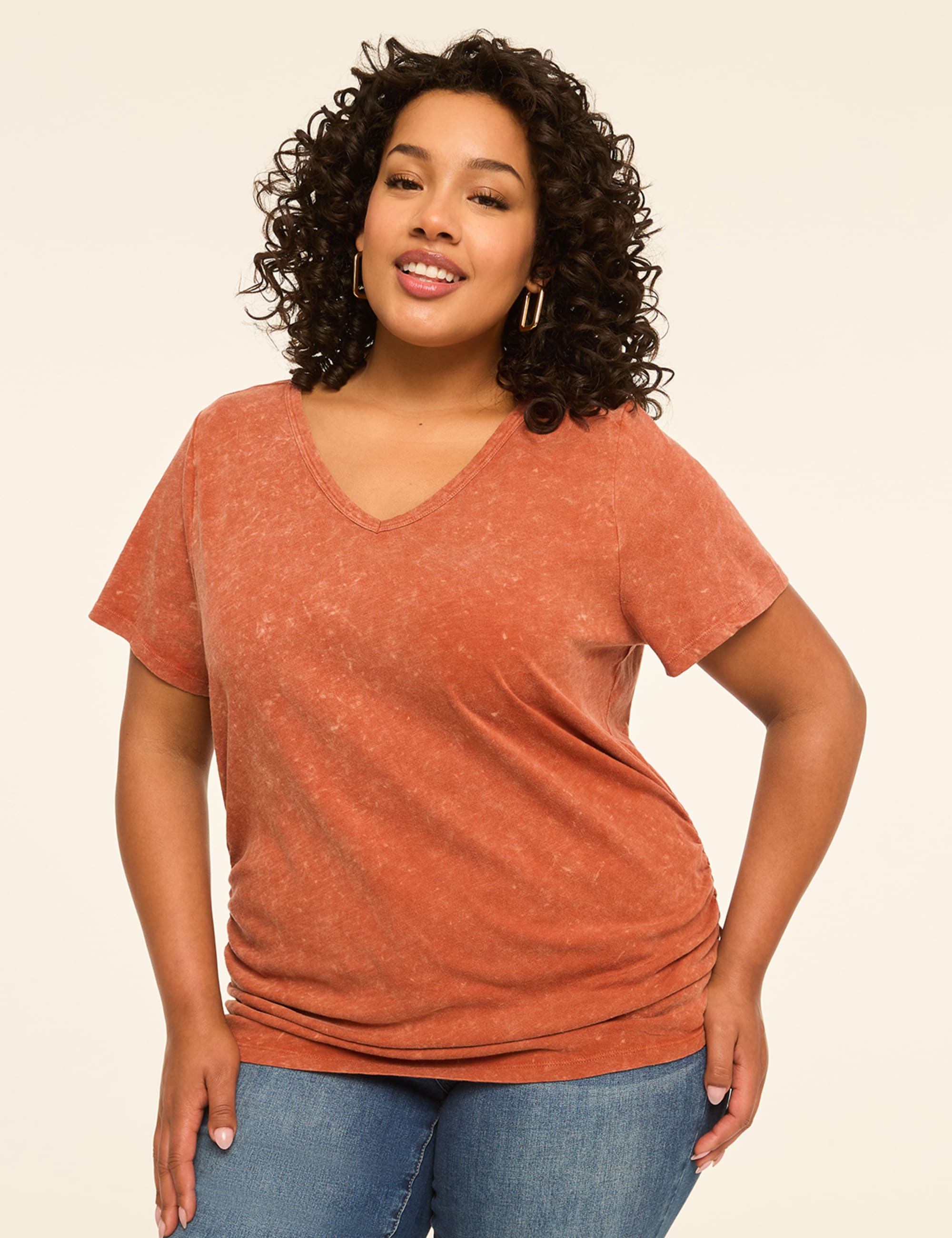 Short-Sleeve V-Neck Side-Ruched Tee
