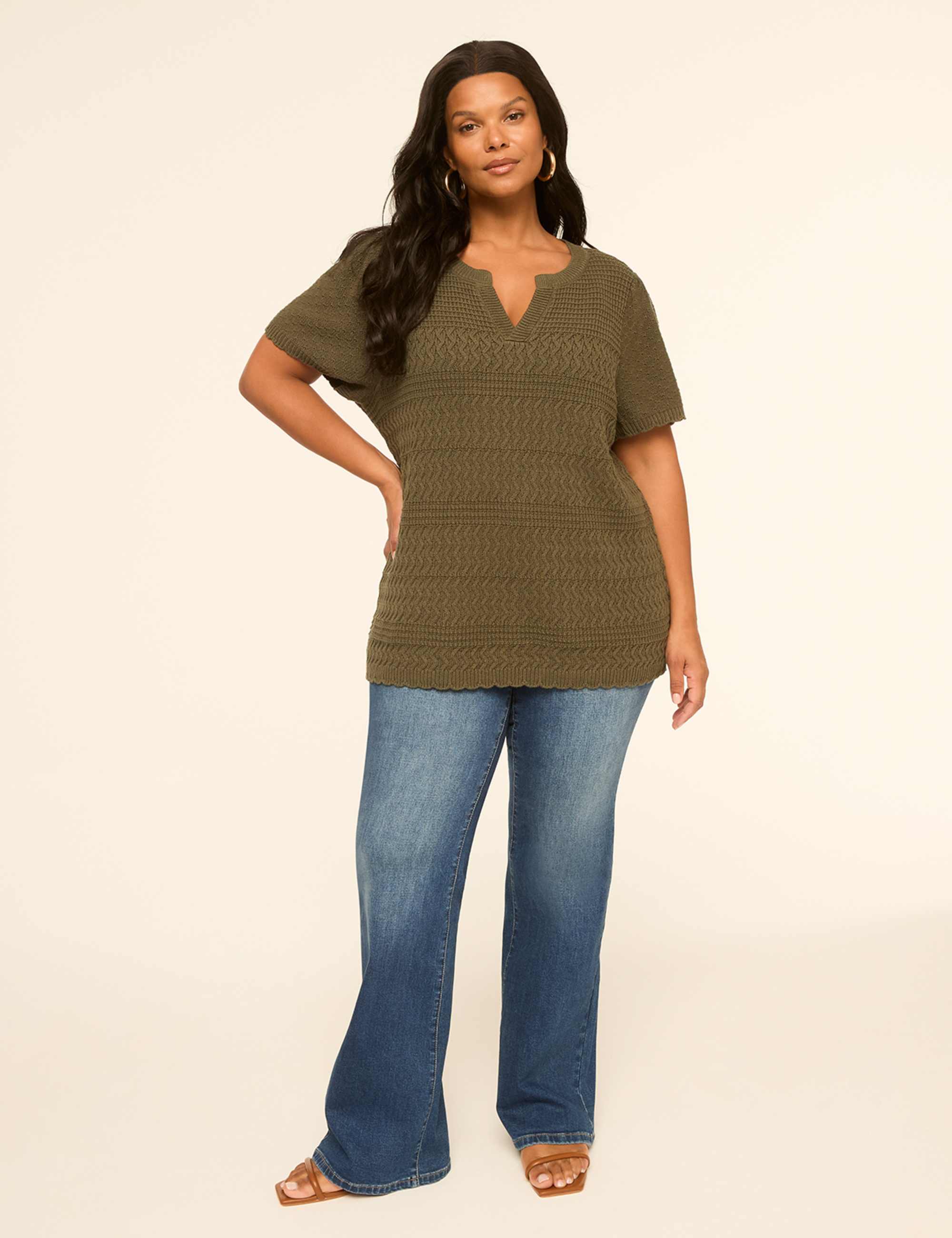 Short-Sleeve Notch-Neck Pointelle-Stitch Sweater