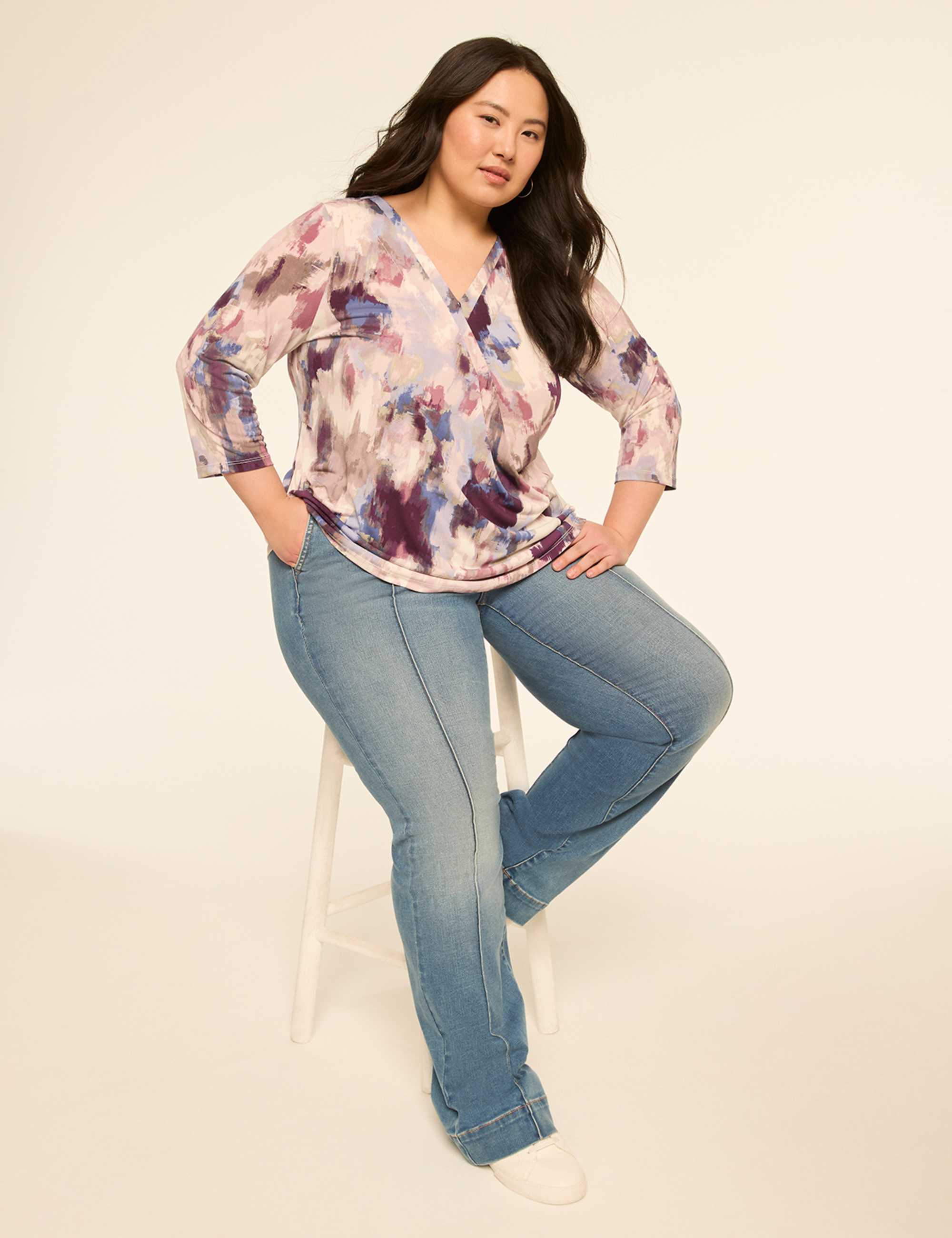 Swing 3/4-Sleeve Pleat-Front Top