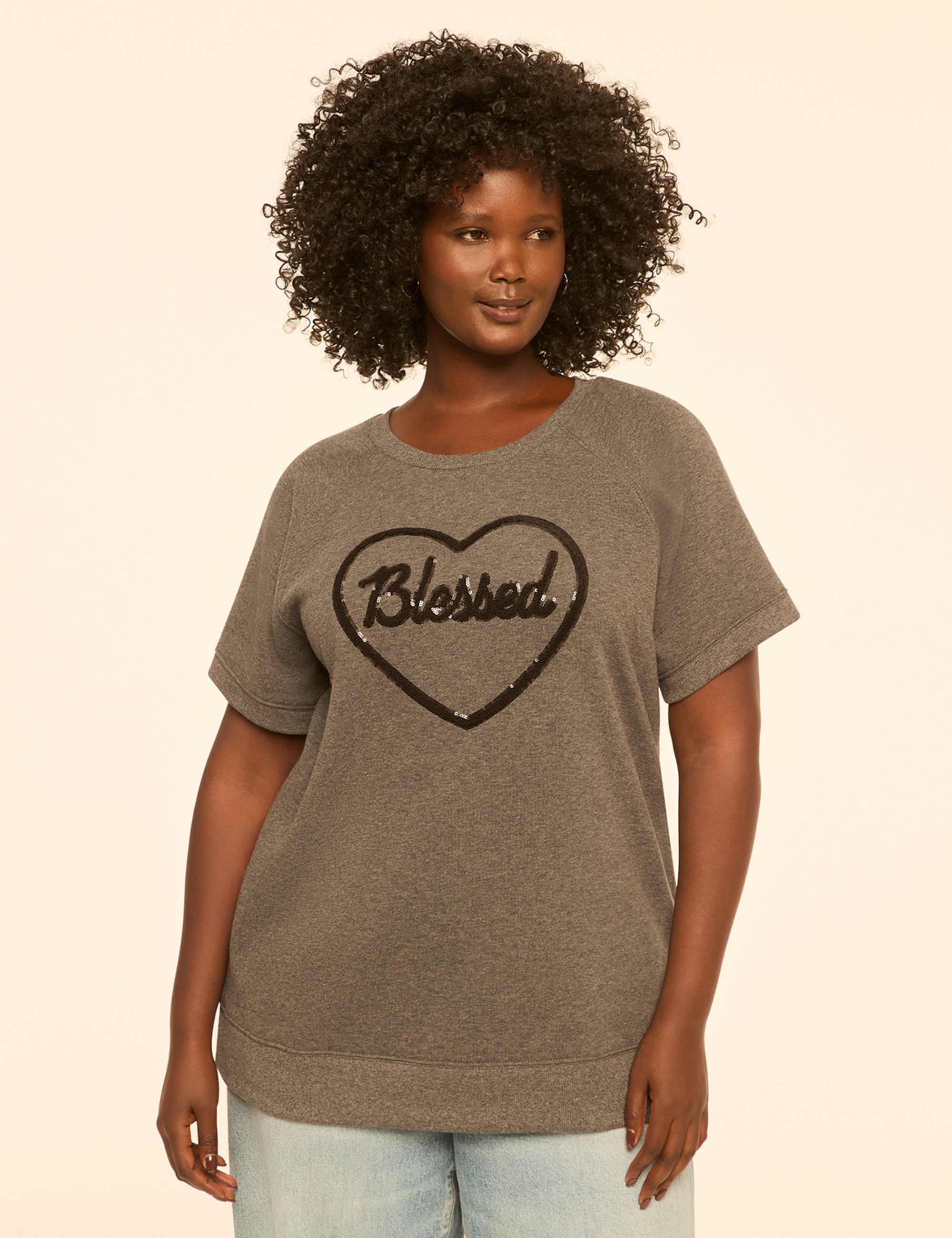 Chenille Blessed Heart Short-Sleeve Graphic Sweatshirt