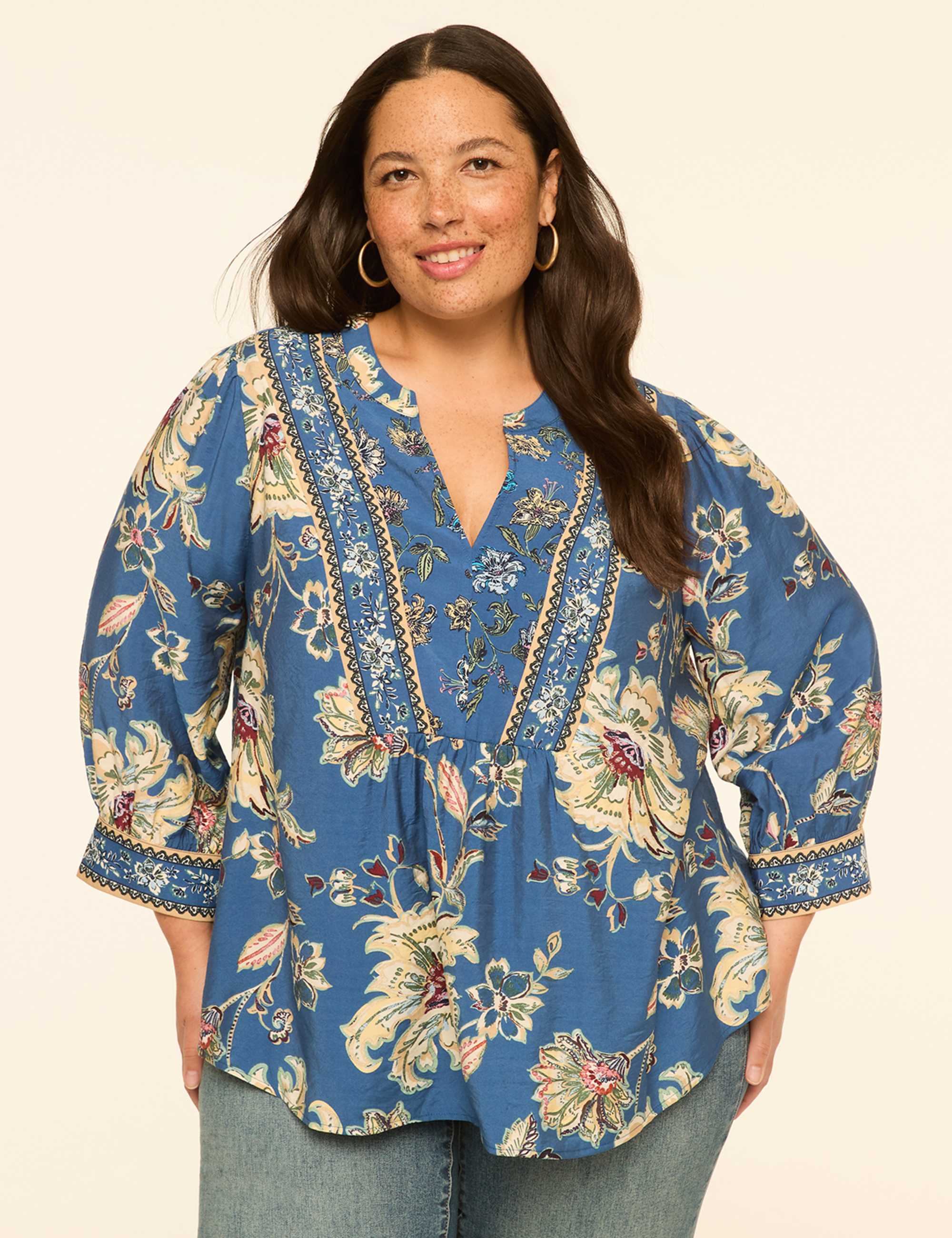 3/4-Sleeve Notch-Neck Popover Blouse