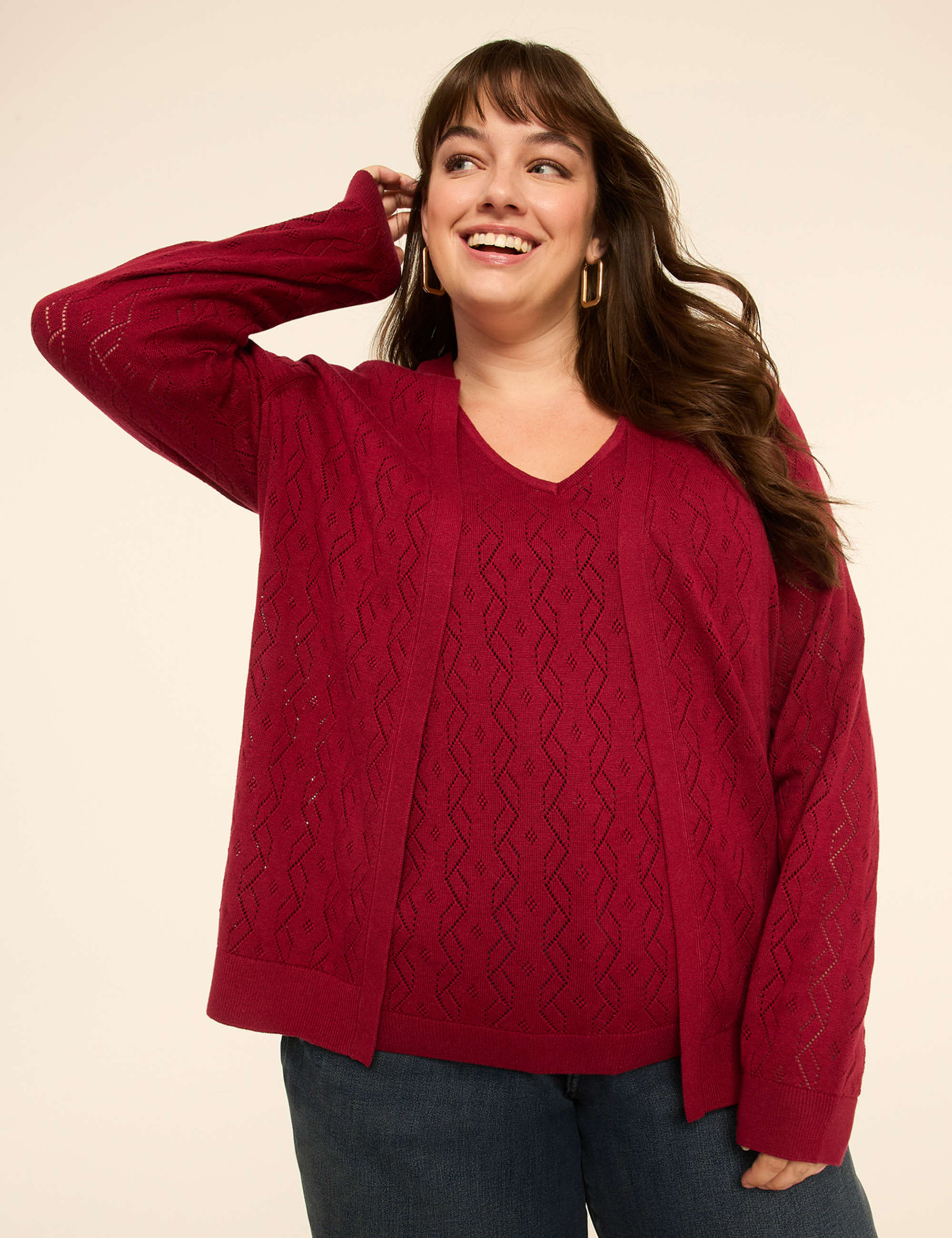 Pointelle-Stitch Open-Front Cardigan