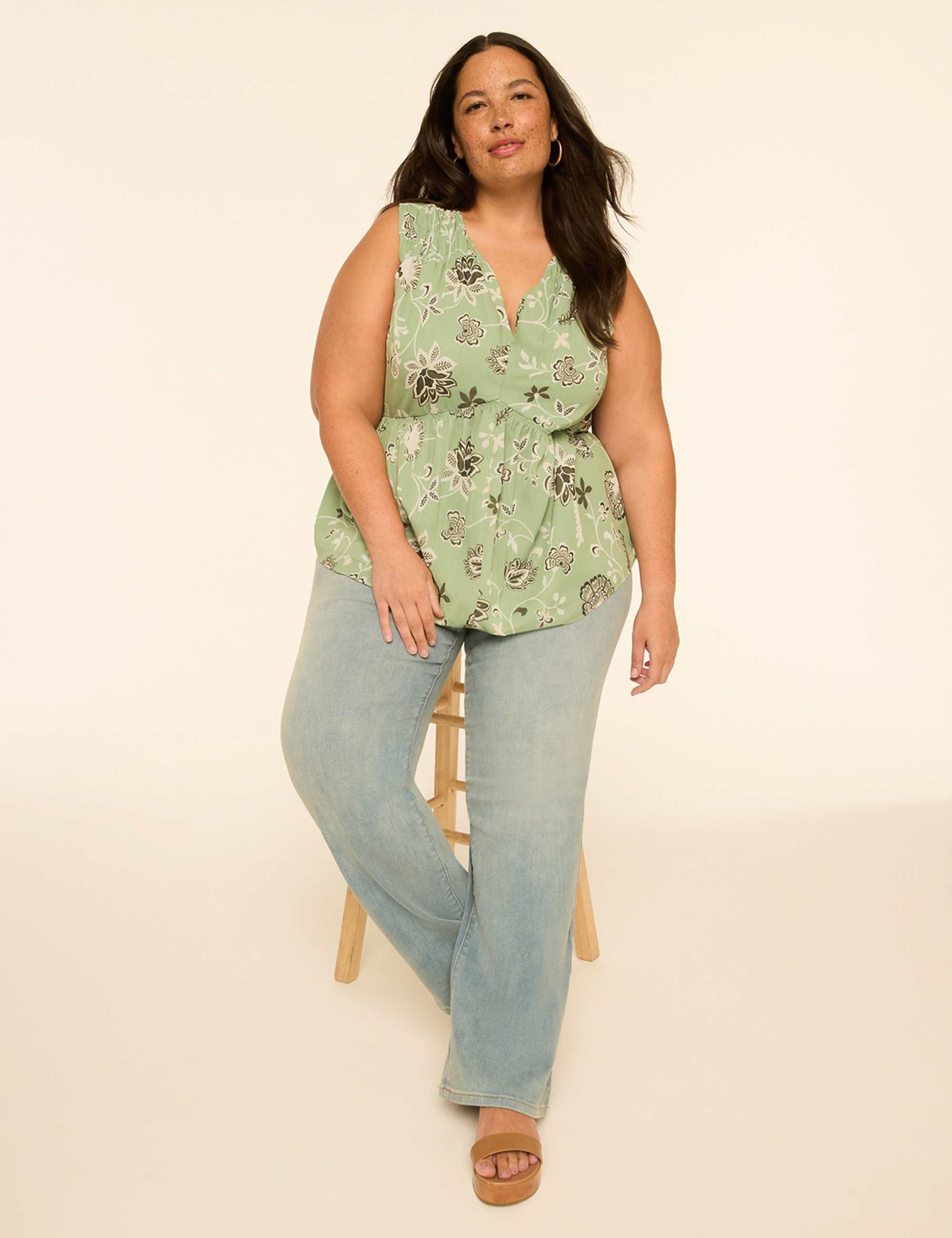Smocked-Yoke V-Neck Tank