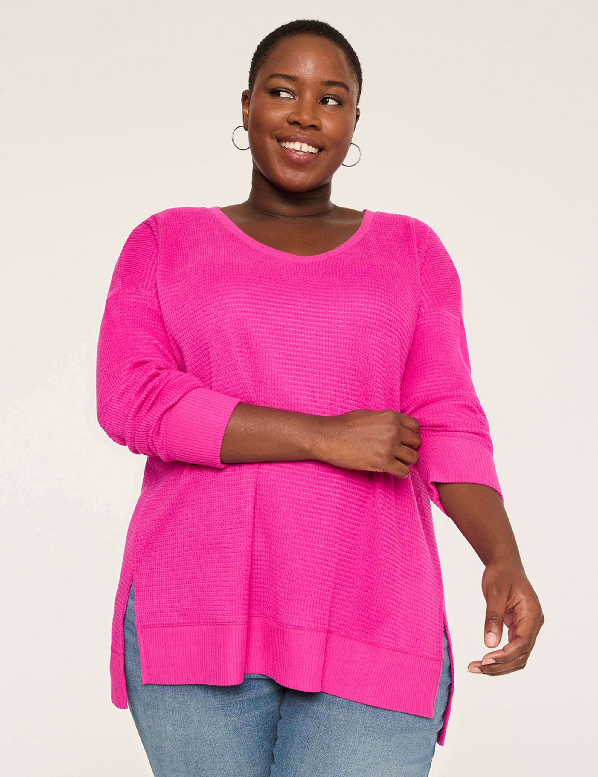 Long-Sleeve V-Neck Waffle Knit Top